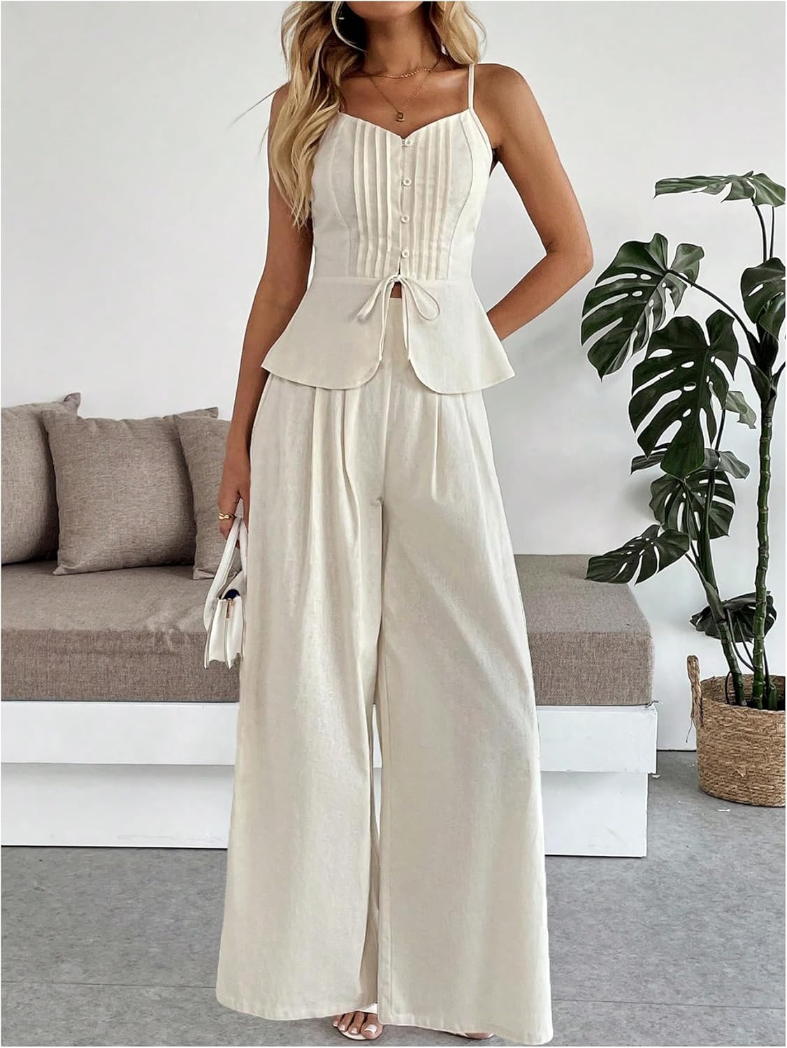 SOLY HUX Women's 2 Piece Summer Outfit Button Down Peplum Cami Top and Wide Leg Pants Set - Image 5