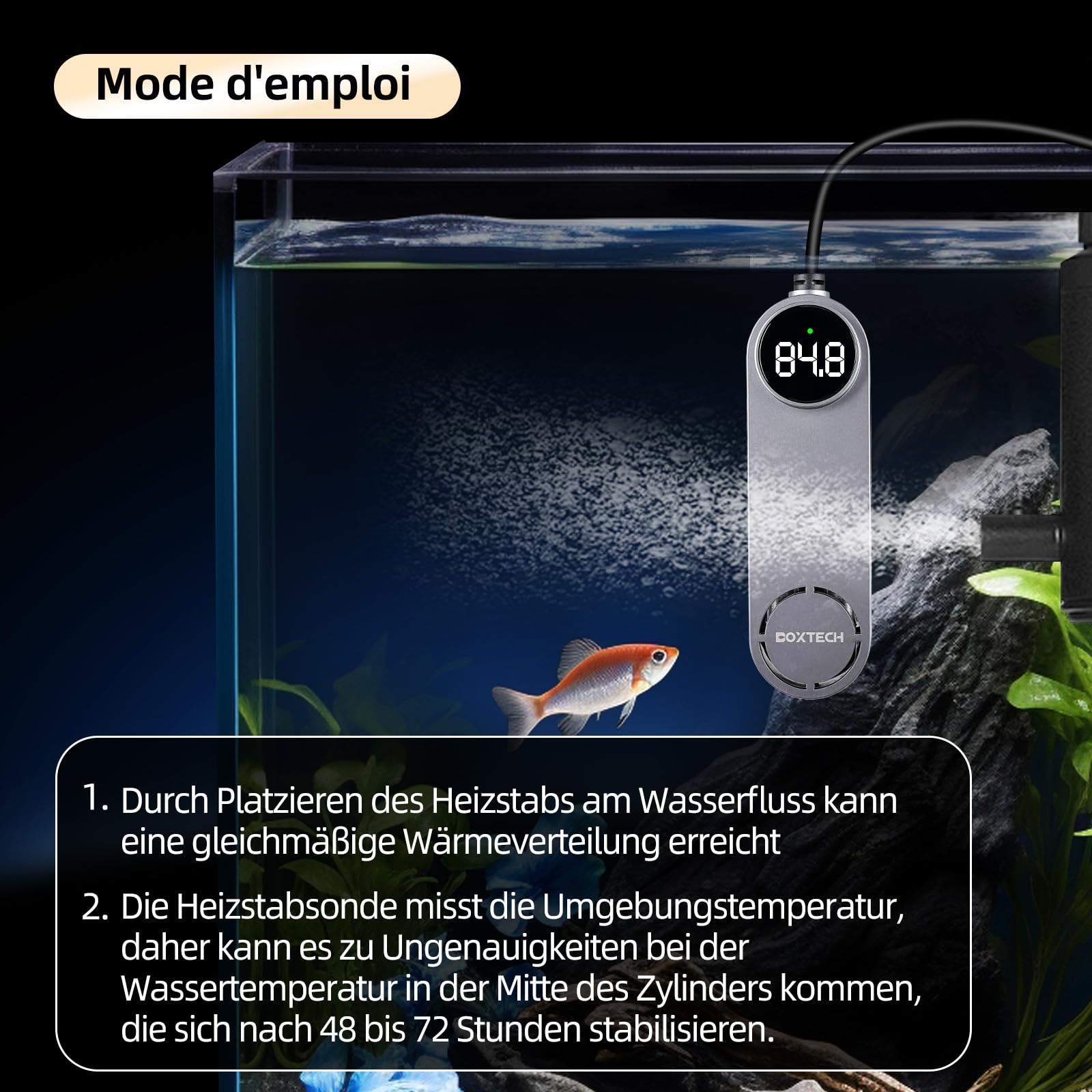 boxtech Calentador de acuario, pequeño calentador de inmersión ajustable con protección contra sobrecalentamiento y pantalla digital, control para acuarios (50 W)