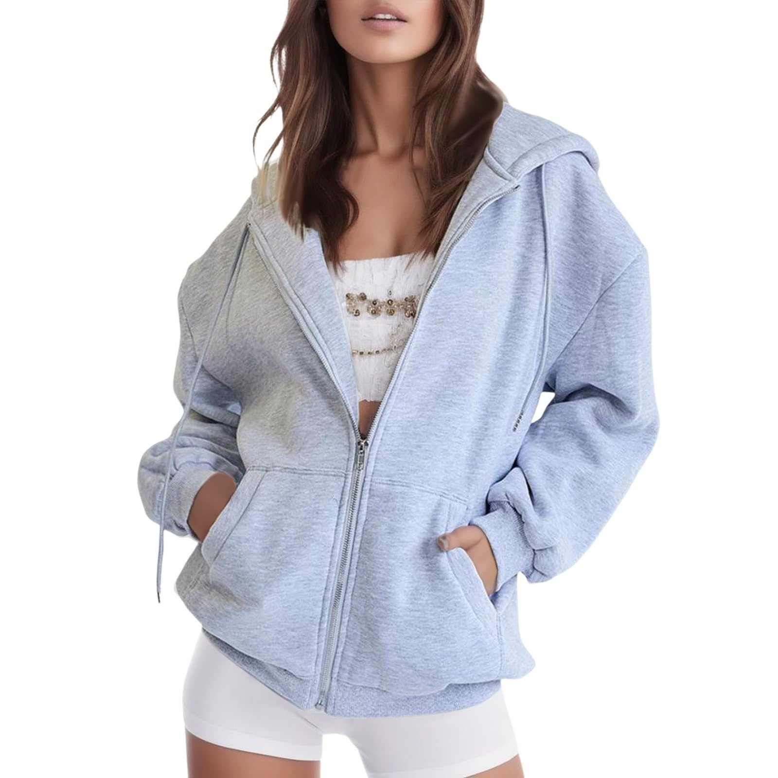 Sudadera gris con capucha y cremallera para mujer talla XL 6