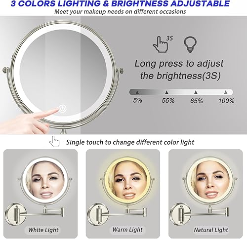 Miniatura 4 de LEDOOLE Espejo de maquillaje con luz montada en la pared, espejo de tocador con aumento de doble cara de 8 pulgadas, protección de sobrecarga USB, 3