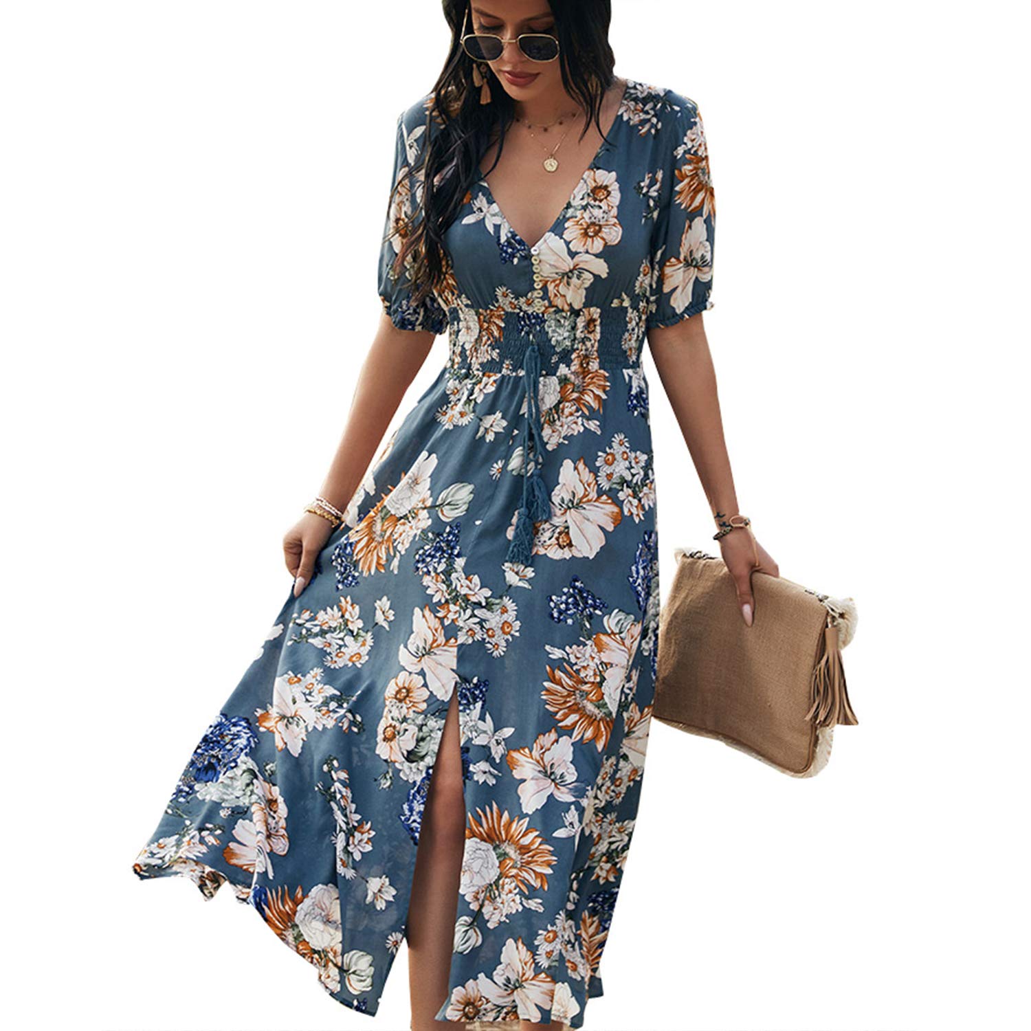 BROVAVEWomens Summer Casual Short Sleeve Floral Print Bohemian V Neck Flowy Midi Maxi Dress with Slit