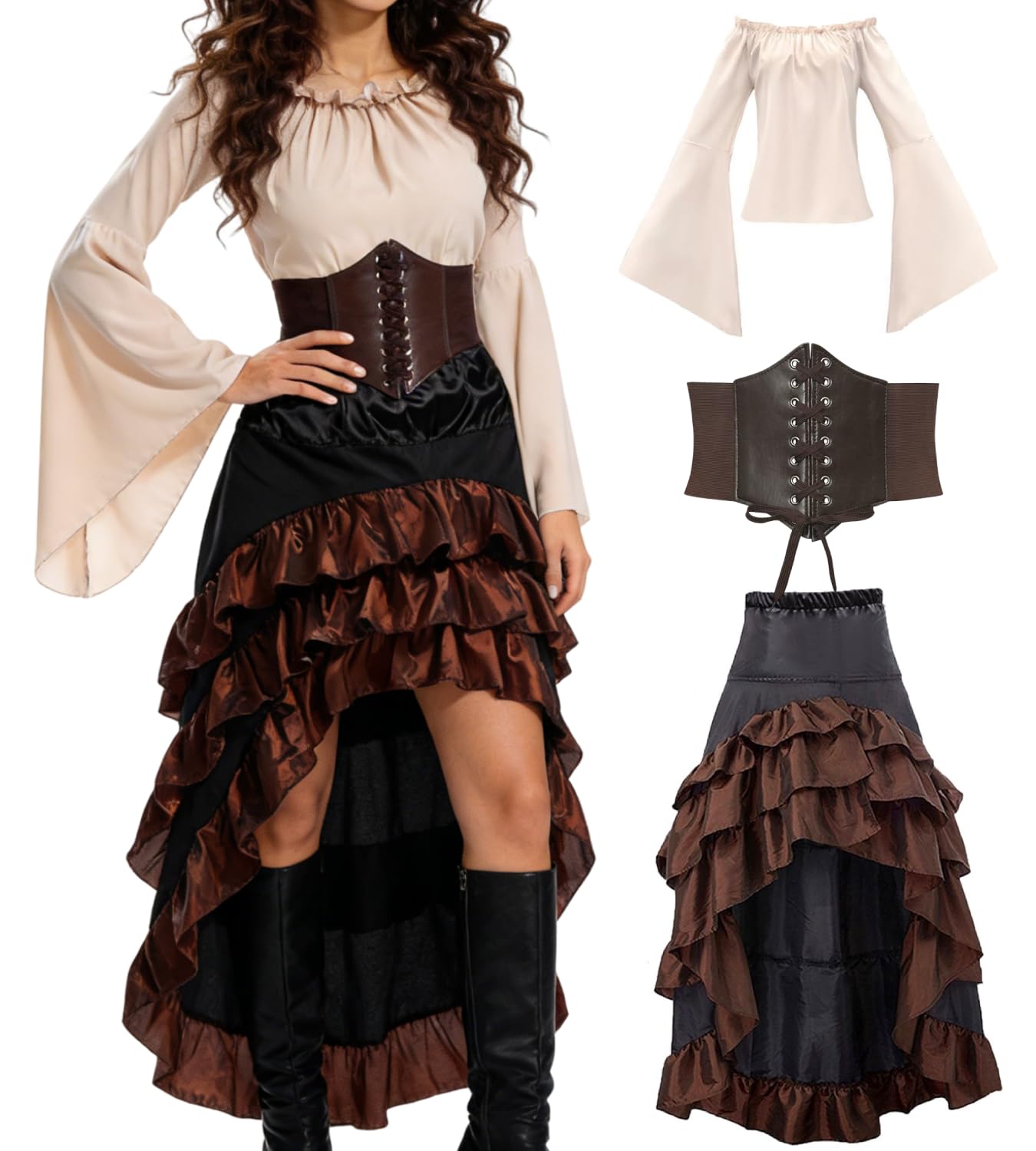 3-częściowy średniowieczny kostium pirata, zestaw średniowieczny sukienka damska z gorsetem pirata, spódnica, kostium karnawałowy na Halloween, karnawał, cosplay
