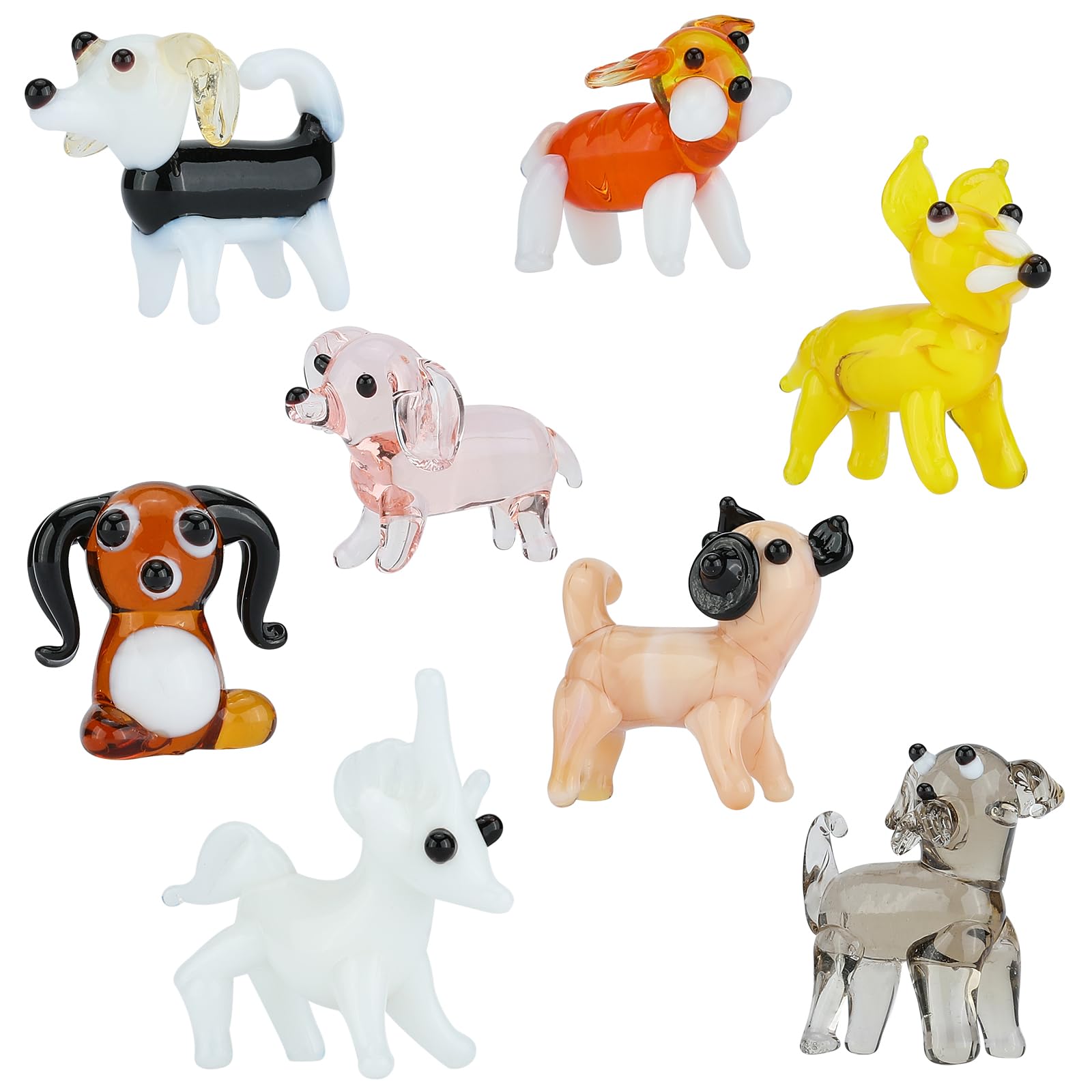 8Pcs 8 Styles Handmade Blown Tiny Glass Animals Puppy Mini Glass Animal Figurines Sets for Home Decorations Collectibles and Gifts（Dog