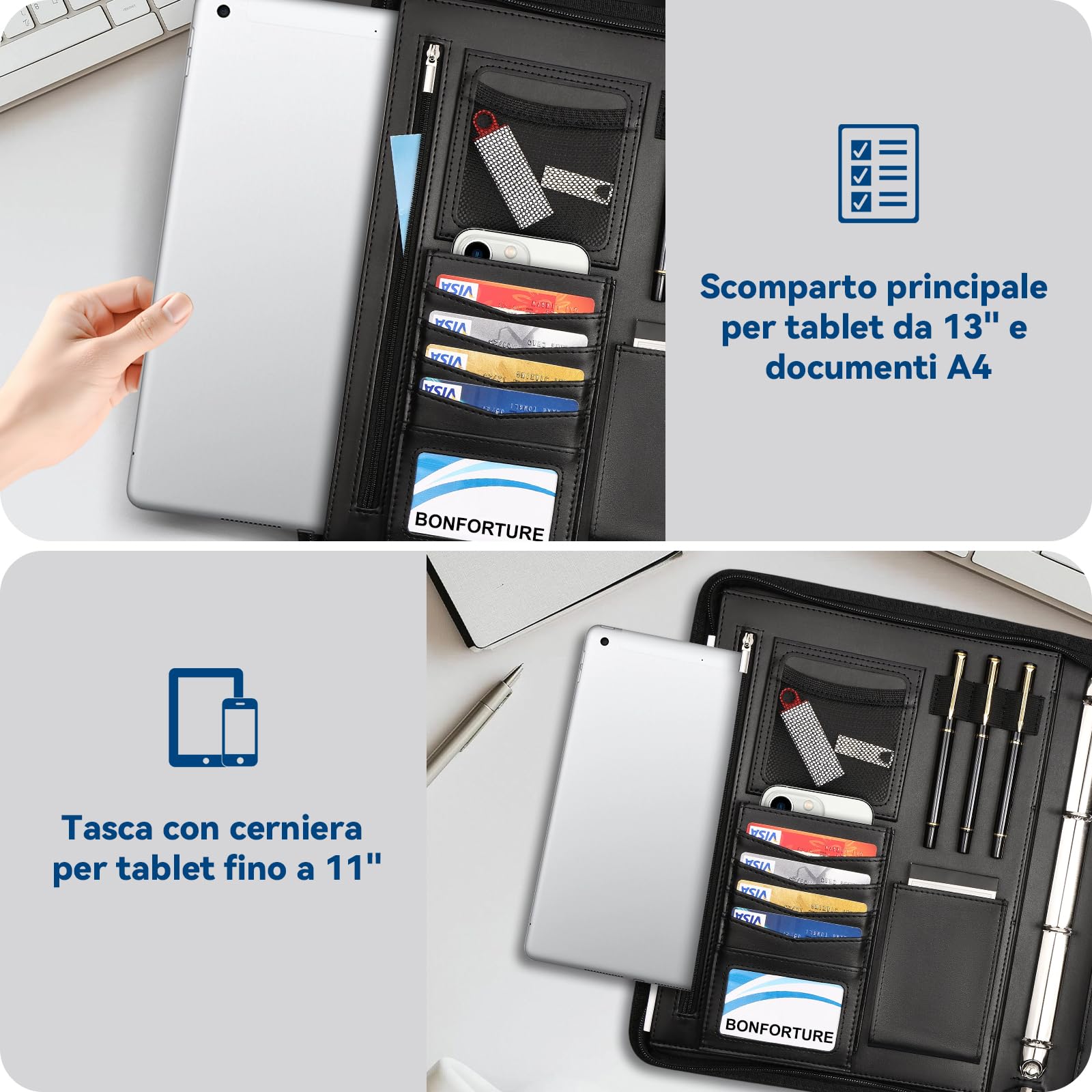 Cartella Portadocumenti A4 con Buste Trasparenti, Raccoglitore ad Anelli 4 con Manico Magnetico e Cerniera in Pelle Vegana