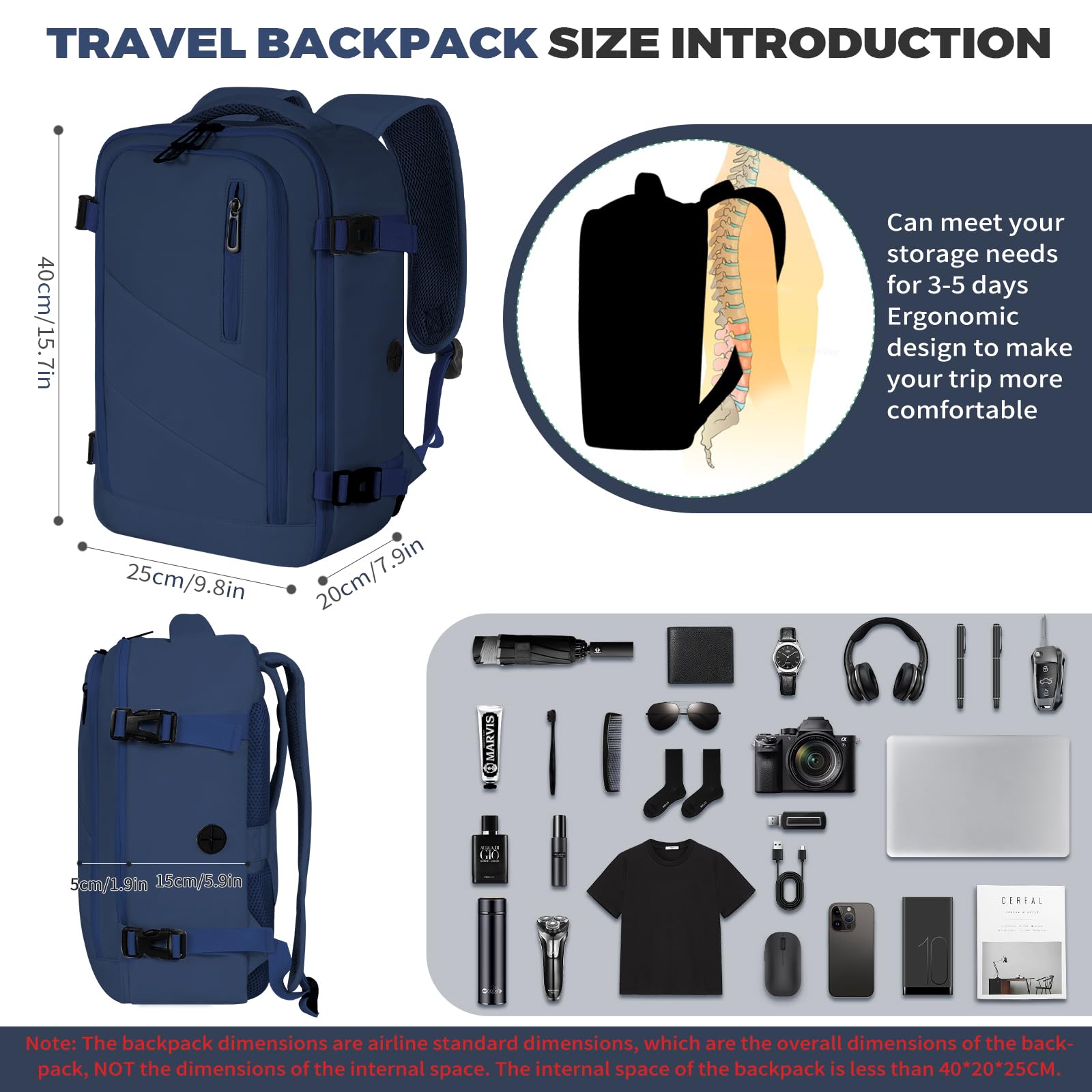 VOESLD Zaino per Ryanair 40x20x25, Zaino da Viaggio Aereo Bagaglio a Mano Blu Scuro Porta PC Donna Uomo, Può essere Utilizzato Come Zaino Sportivo, il Tempo Libero