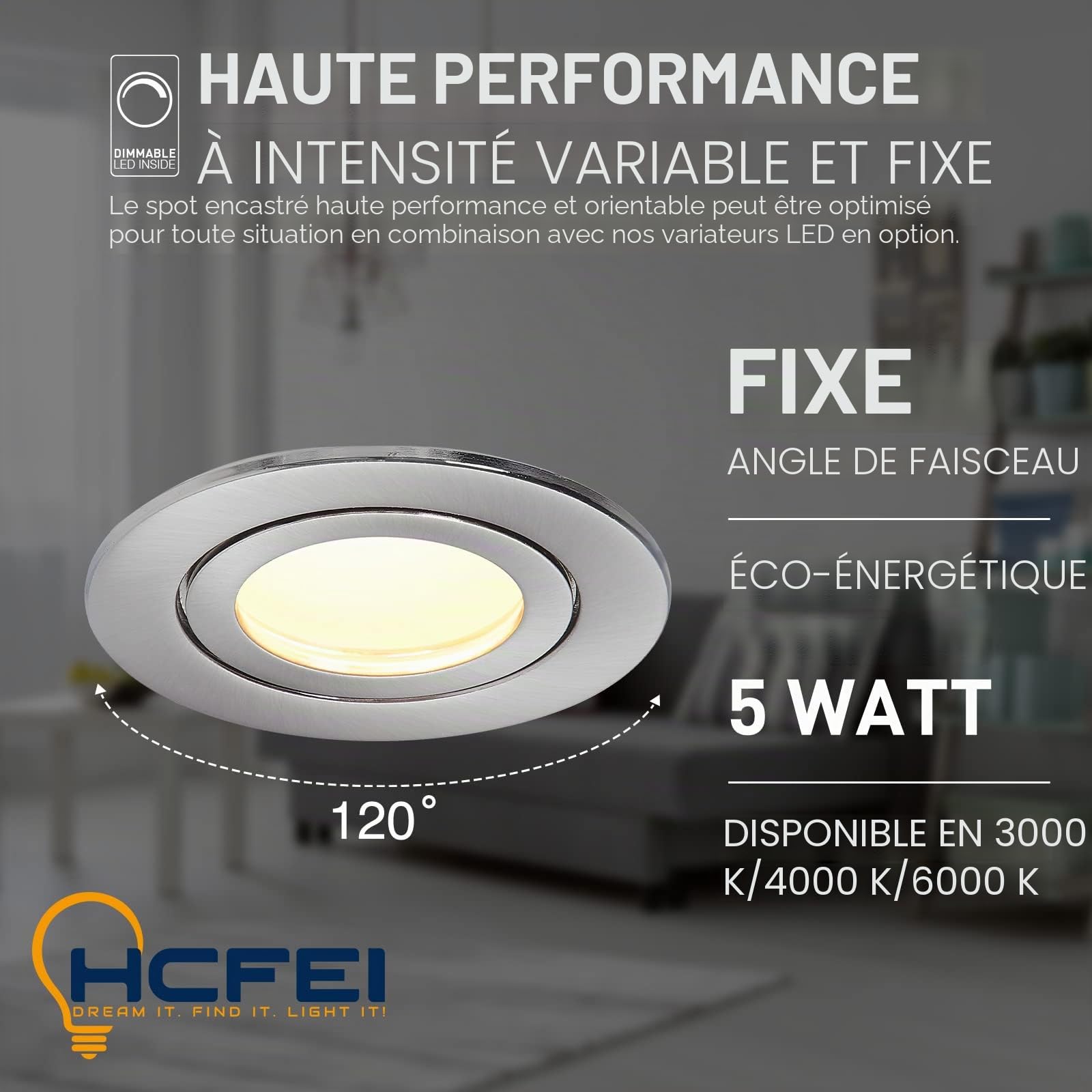 HCFEI IP44 Dimmable LED Spot Encastrable Argent | Aussi pour Salle de Bains | 5W 230V | Lot de 3 Spots | Blanc chaud