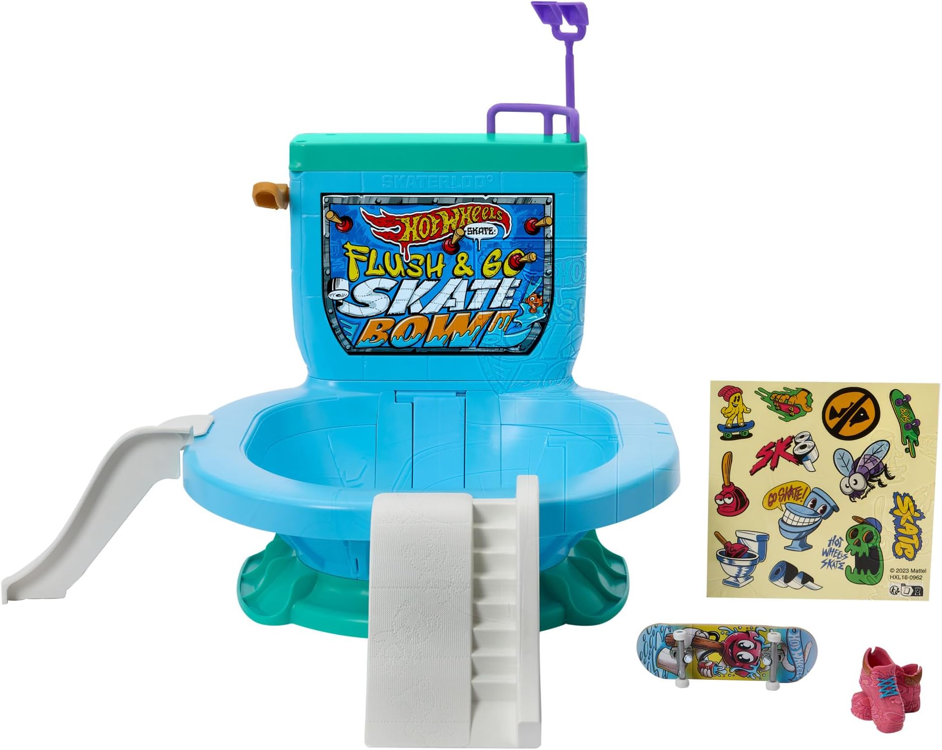 Hot Wheels Skate Fingerboard Flush & Go Skate Park with Toilet Theme, 1 Exclusive Board, 1 Pair of Shoes & Sticker Sheet, HXL16