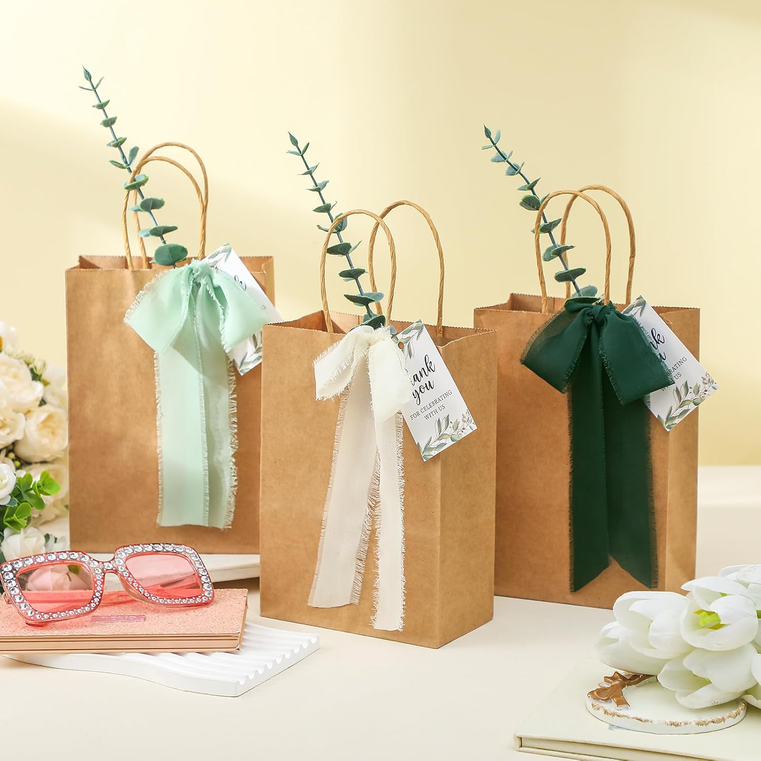 Motipuns 50 Sets Wedding Bags for Guests Bulk Sage Green Wedding Welcome Gift Bags Stuffers with Faux Eucalyptus Stems Chiffon Ribbon Thank You Cards for Bridal Party Baby Shower