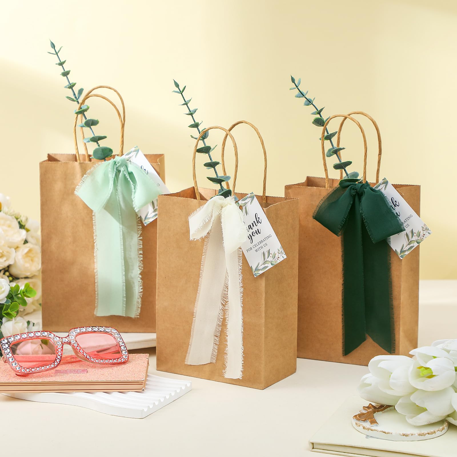 Motipuns 50 Sets Wedding IFF17 Welcome Bags For Guests Bulk Wedding Paper Gift Bags Handle Faux Eucalyptus Stems Chiffon Ribbon Thank You Cards Baby Show - View #10