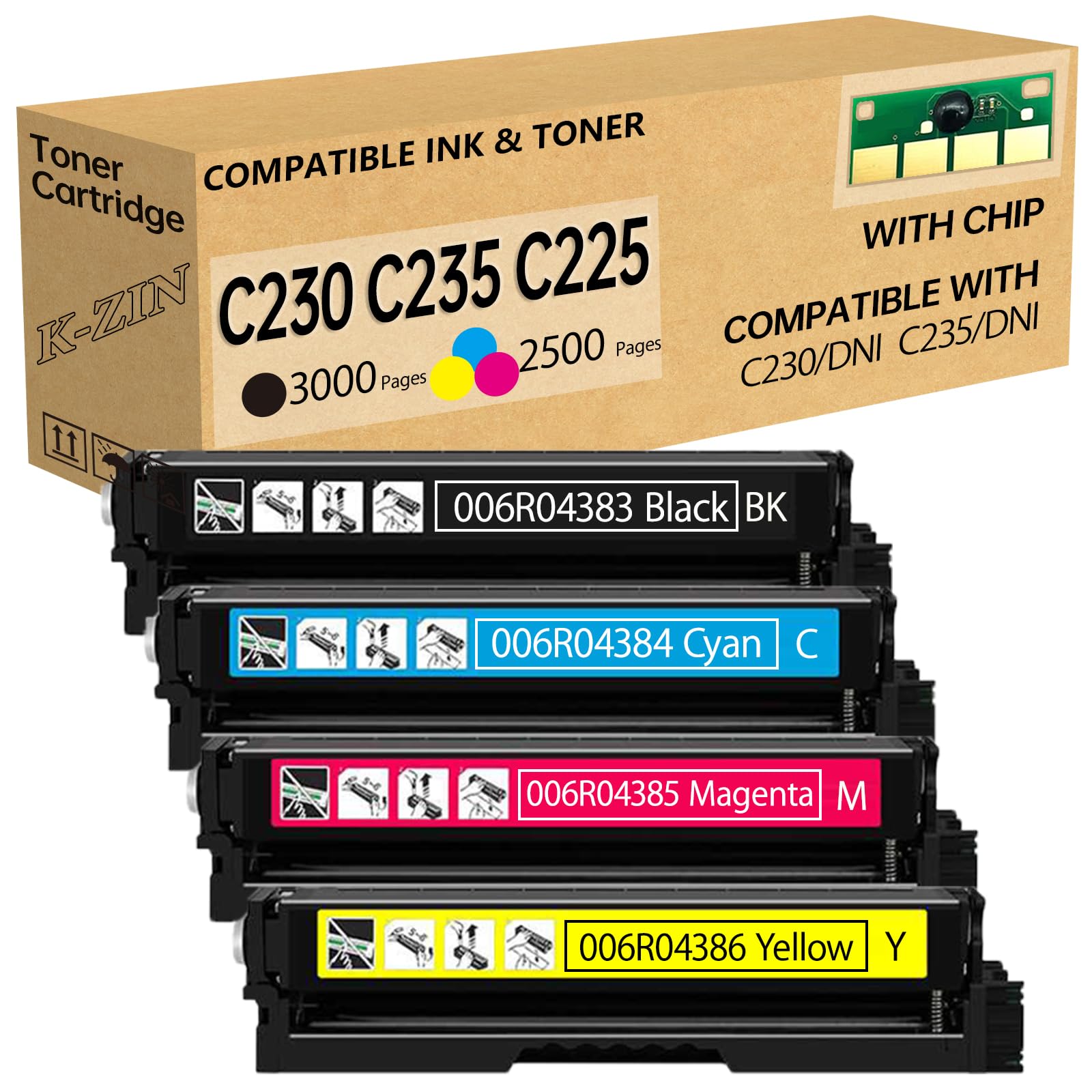 K-ZIN C230 C235 C225 Toner Cartridge (with Chip) - Compatible with Xerox C230DNI/C235DNI Printers, Replacement for Xerox 230 Toner 006R04383 006R04384 006R04385 006R04386(Black/Cyan/Magenta/Yellow)