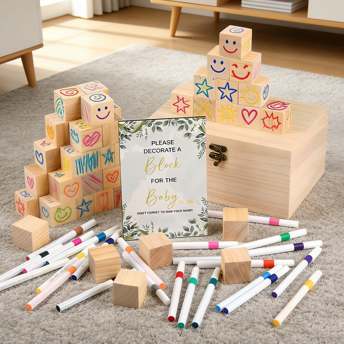 Cubos de Madera, OctBird Kit 78 Pzs Bloques de Madera para Manualidades, Cuadros Madera Manualidades Maciza Bloques Cuadrados, 52 Diy Cube en Blanco con 24 Rotuladores y Caja para Pintar, Dibujar