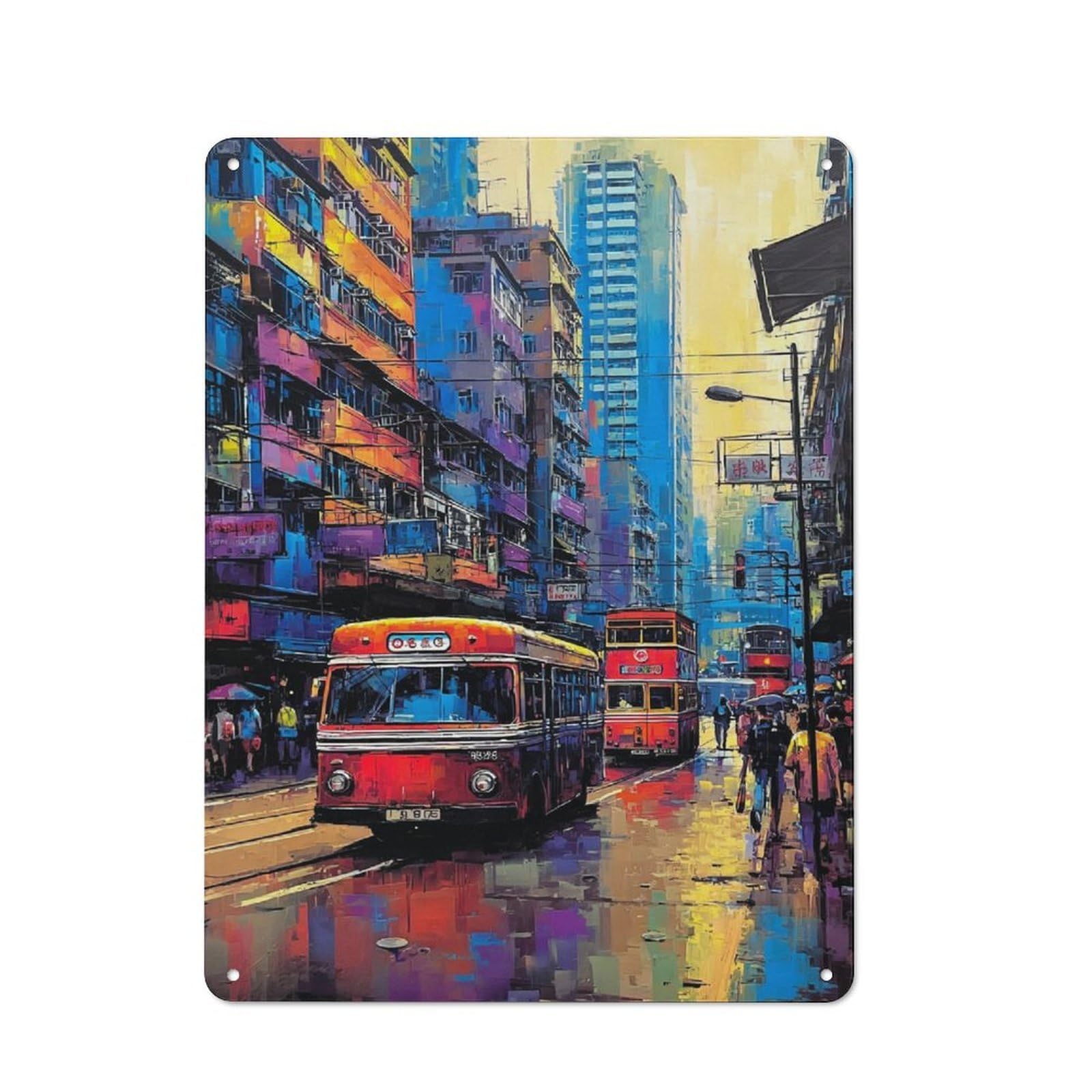 Junmoney Vibrant Cityscape With Retro Buses Vintage Tin Sign 40X30cm With For Guest Room Or Hallway, For Collectors Decorating Guest Rooms And Hallways