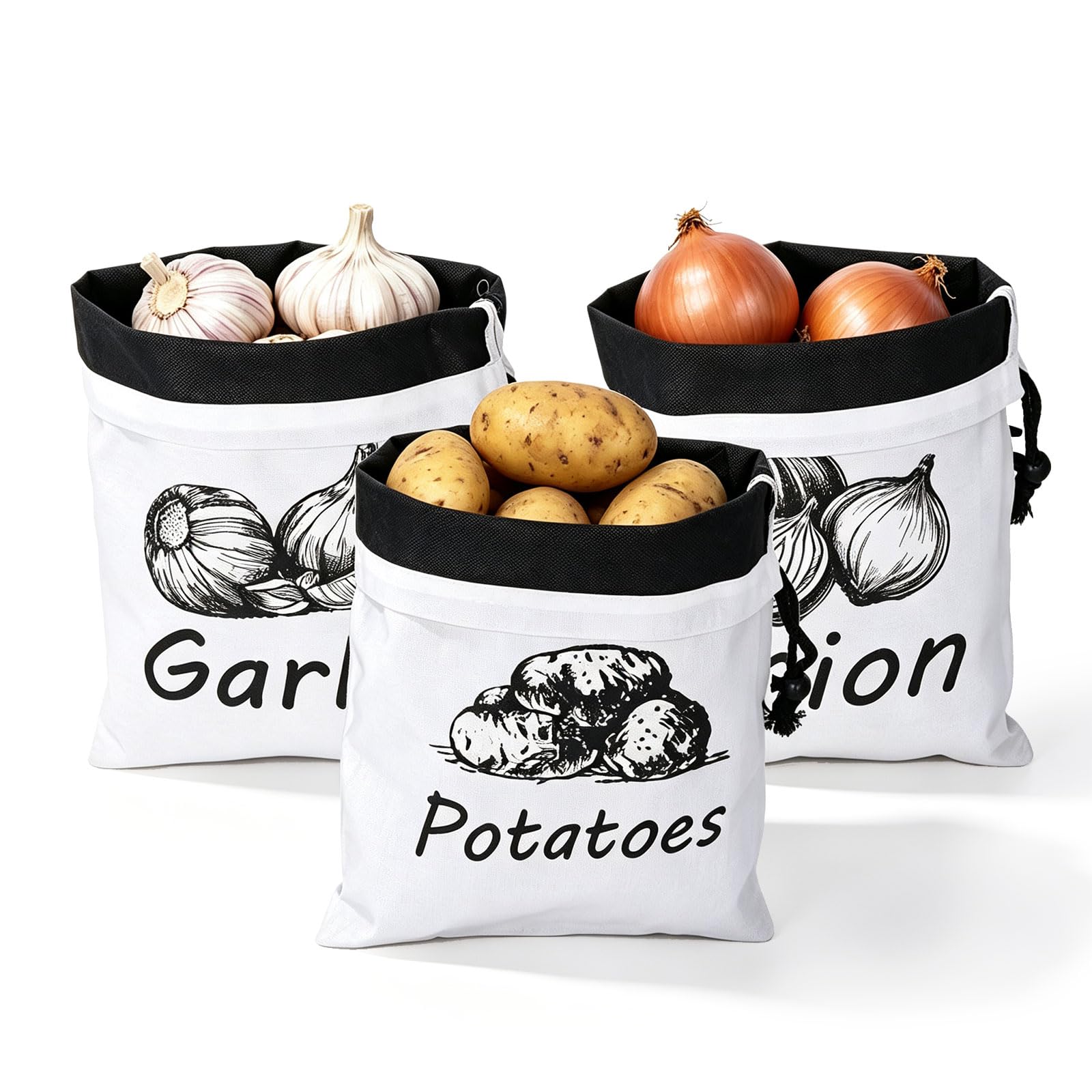 3Pcs Potato Onion Garlic Storage Bag, Reusable Fresher for Longer Produce Bags, Breathable Canvas Drawstring Sacks for Pantry Kitchen Vegetable Storage, Washable Food Keeper(Potato+Onion+Garlic)