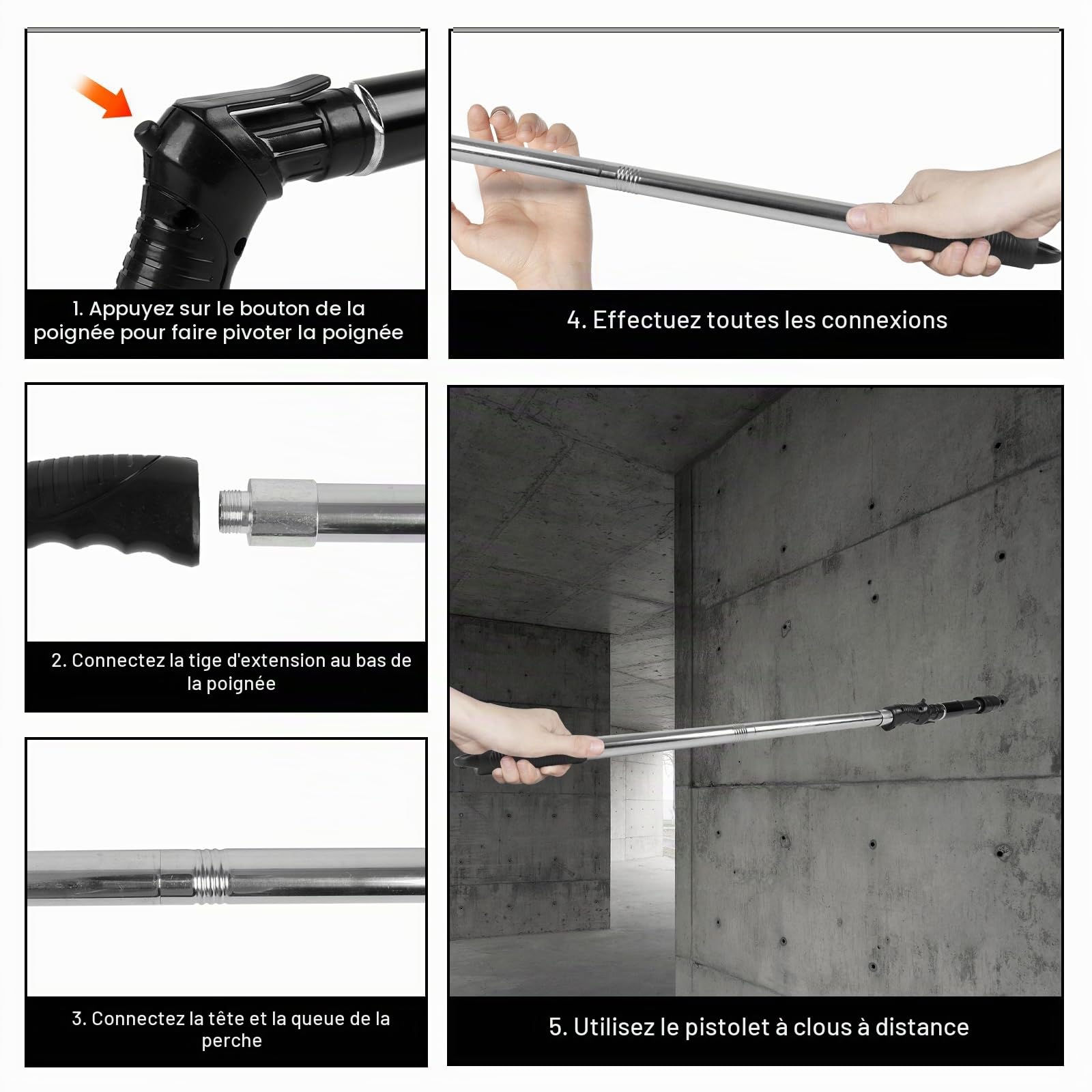 Pistolet à clous manuel avec 200 clous, appareil de fixation de boulons réglable à 5 vitesses pour acier et béton, portable et silencieux avec kit de protection (gants, lunettes de protection