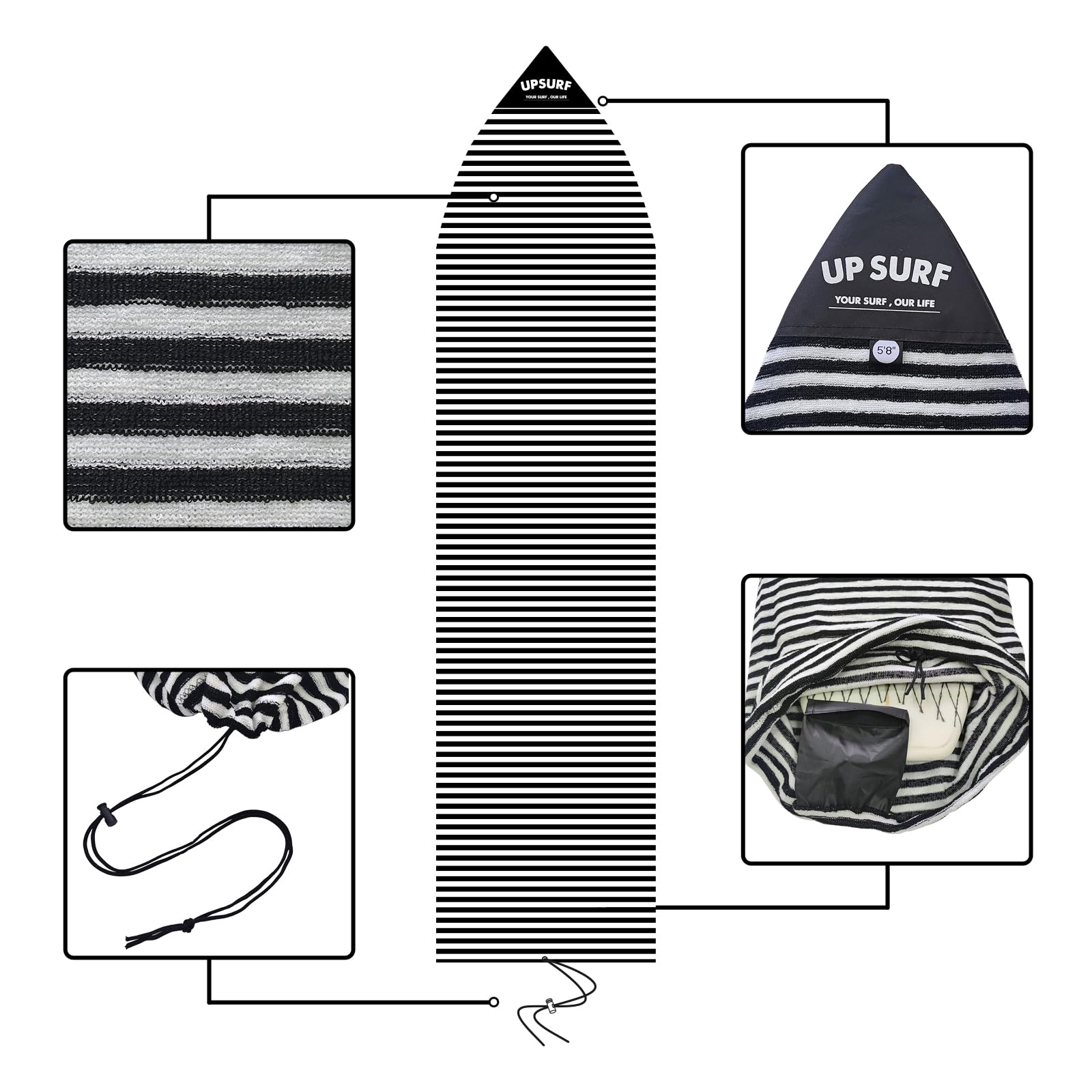 UPSURF 5'8"/5'10"/6'0"/6'6"Surfnoard Sock Cover-Long Board Sock Cover Light Protective Bag for Your Surf Board