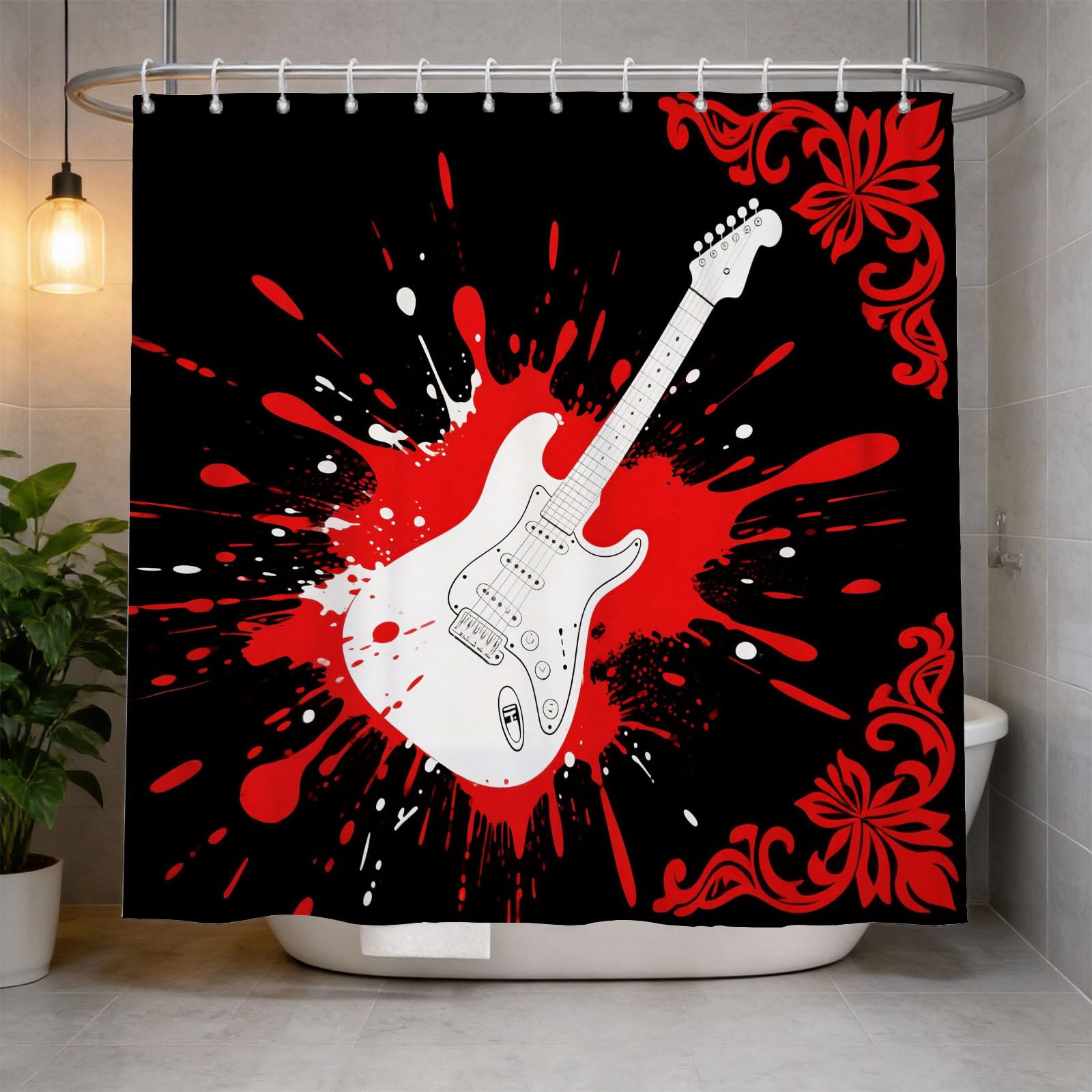 Hongduo 3D Guitar Shower Curtain for Stalls Bathtubs Cartoon Bathroom Decor Shower Curtain Set Polyester Fabric Waterproof 180x180cm/71X71 Inch with Hooks