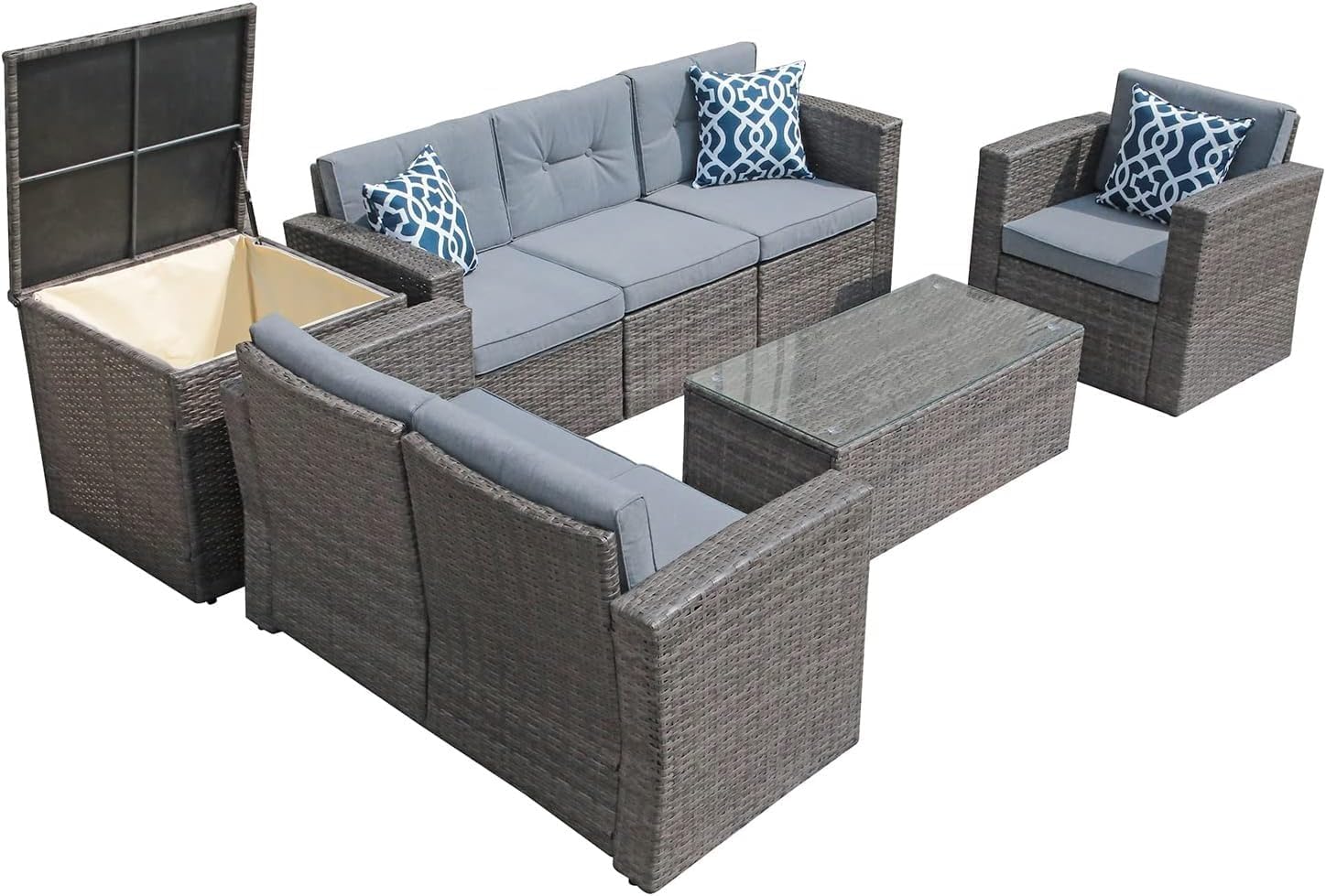 8 Pieces Outdoor Patio Furniture Set Wicker Patio Conversation Sets with Storage Box Rattan Sectional Sofa Set with Cushions and Coffee Table for Porch Deck(Gray)