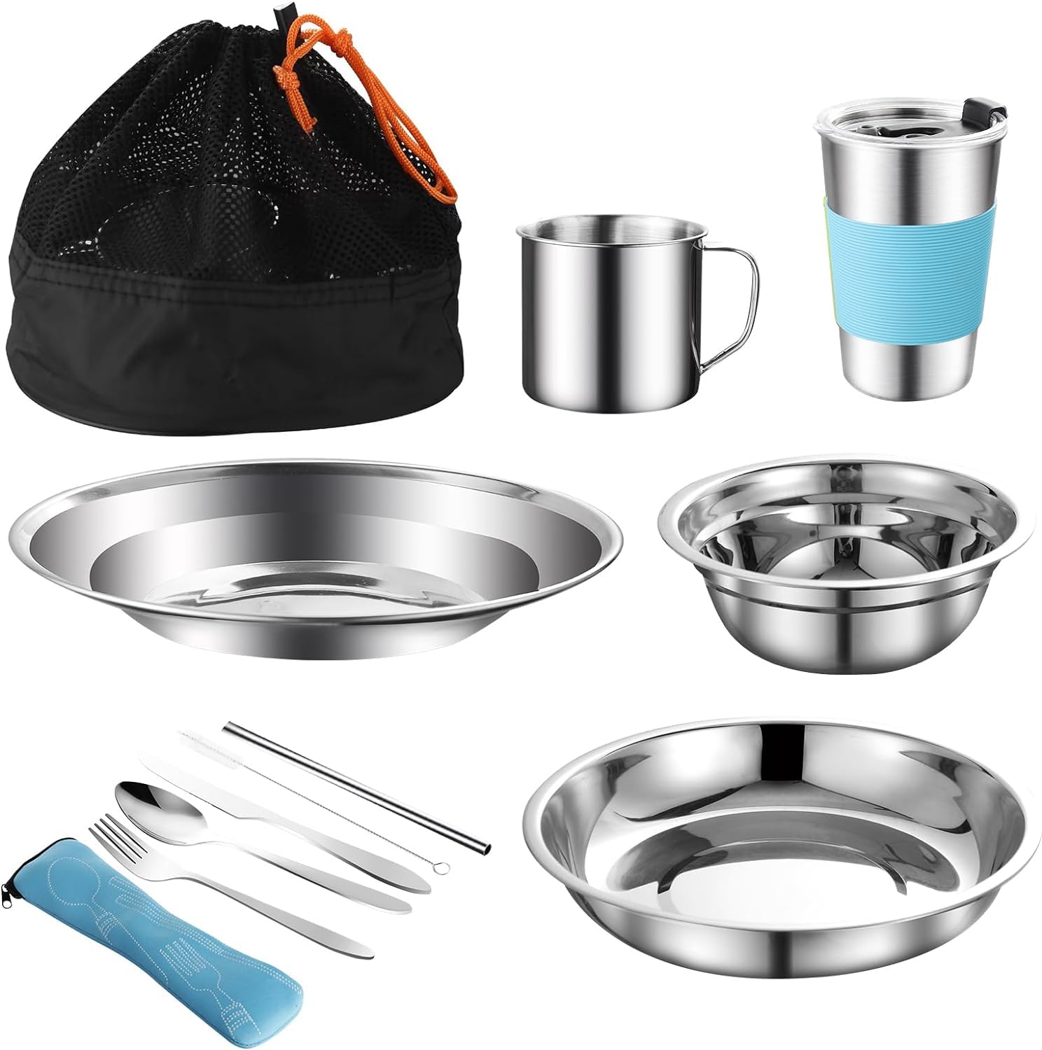 Outdoor Camping Besteck Set Edelstahl Geschirr für 1-2 Person Camping Geschirr Mess Kit Komplettes Geschirr Set 12 in 1 Flatware Kit mit Mesh Tasche für Camping, Rucksack, Wandern