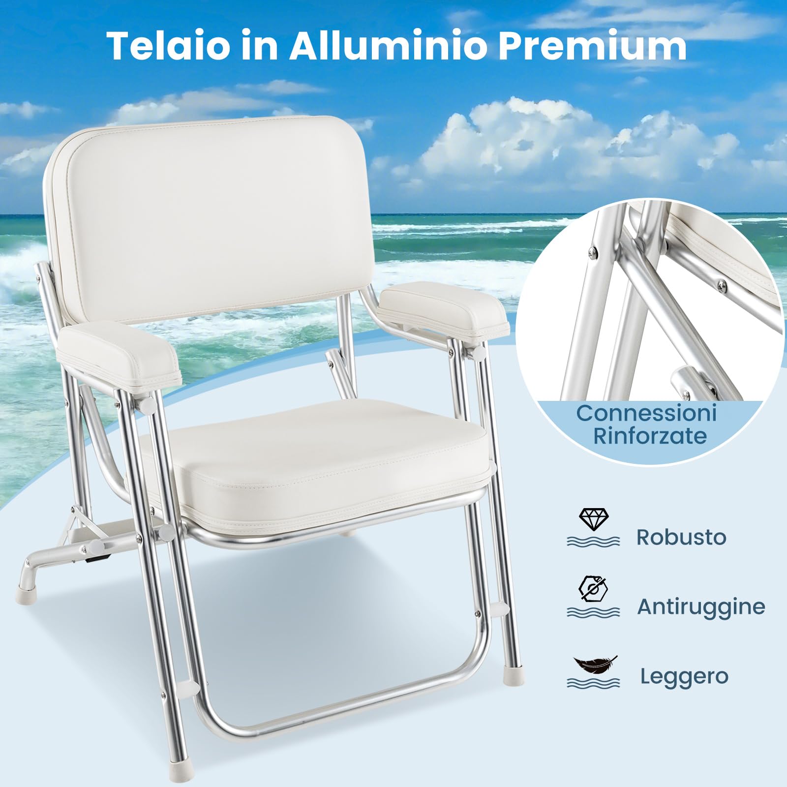 COSTWAY Sedia da Barca Pighevole, Sedia da Spiaggia in Alluminio | con Seduta Imbottita, Poltrona Portatile per Esterni, Piedini Antiscivolo, Sedia da Campeggio Portata 150 kg