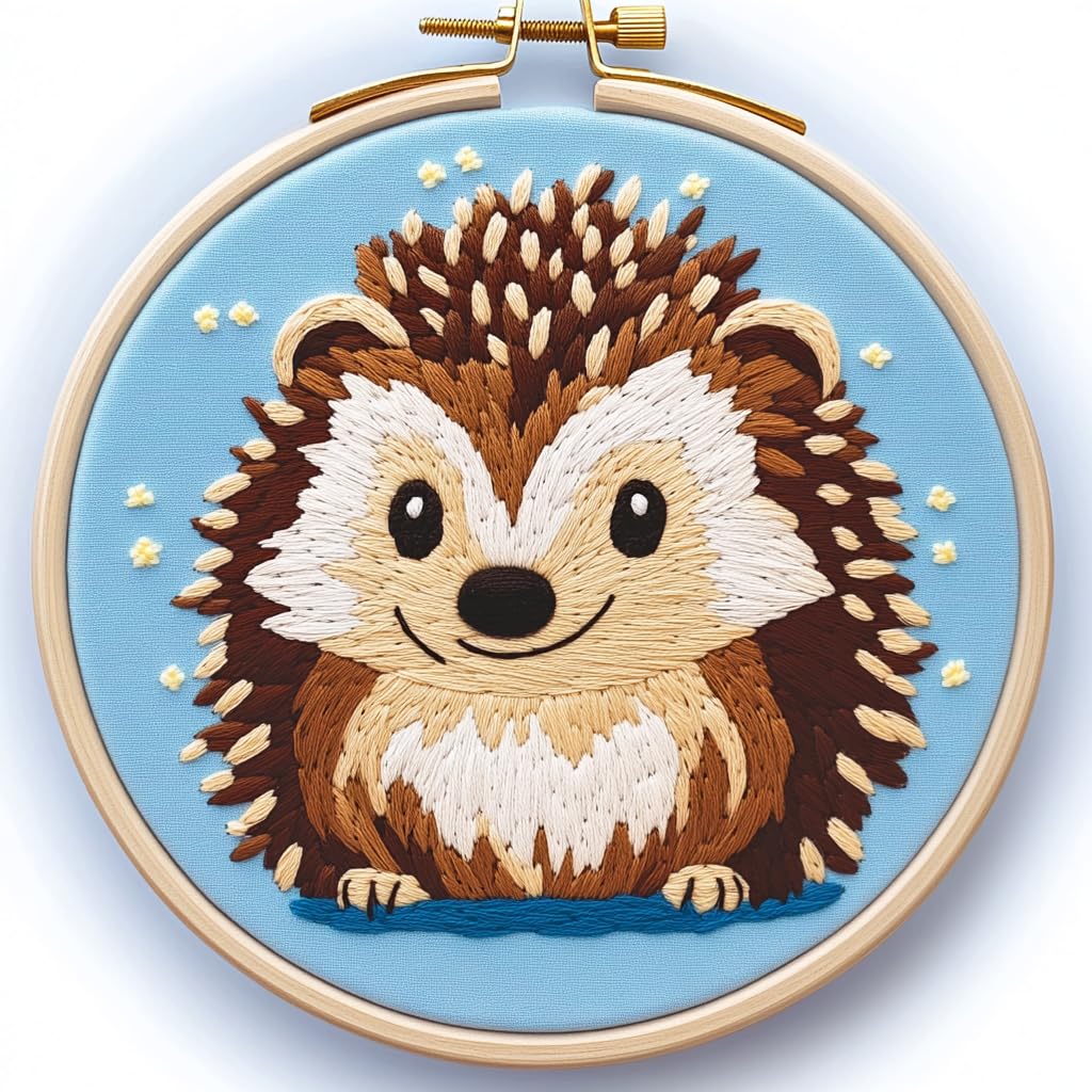 DIY Punch Needle Kits Hedgehog with Hoop 20x20cm-1