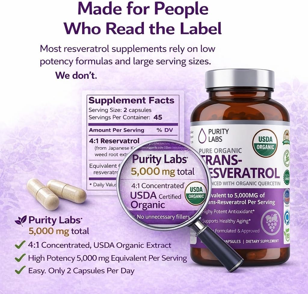 Purity Labs Trans-Resveratrol Supplement 5,000 mg Equivalent per Serving with Quercetin, USDA Organic High Potency Antioxidant, Vegan Capsules, 90 Count
