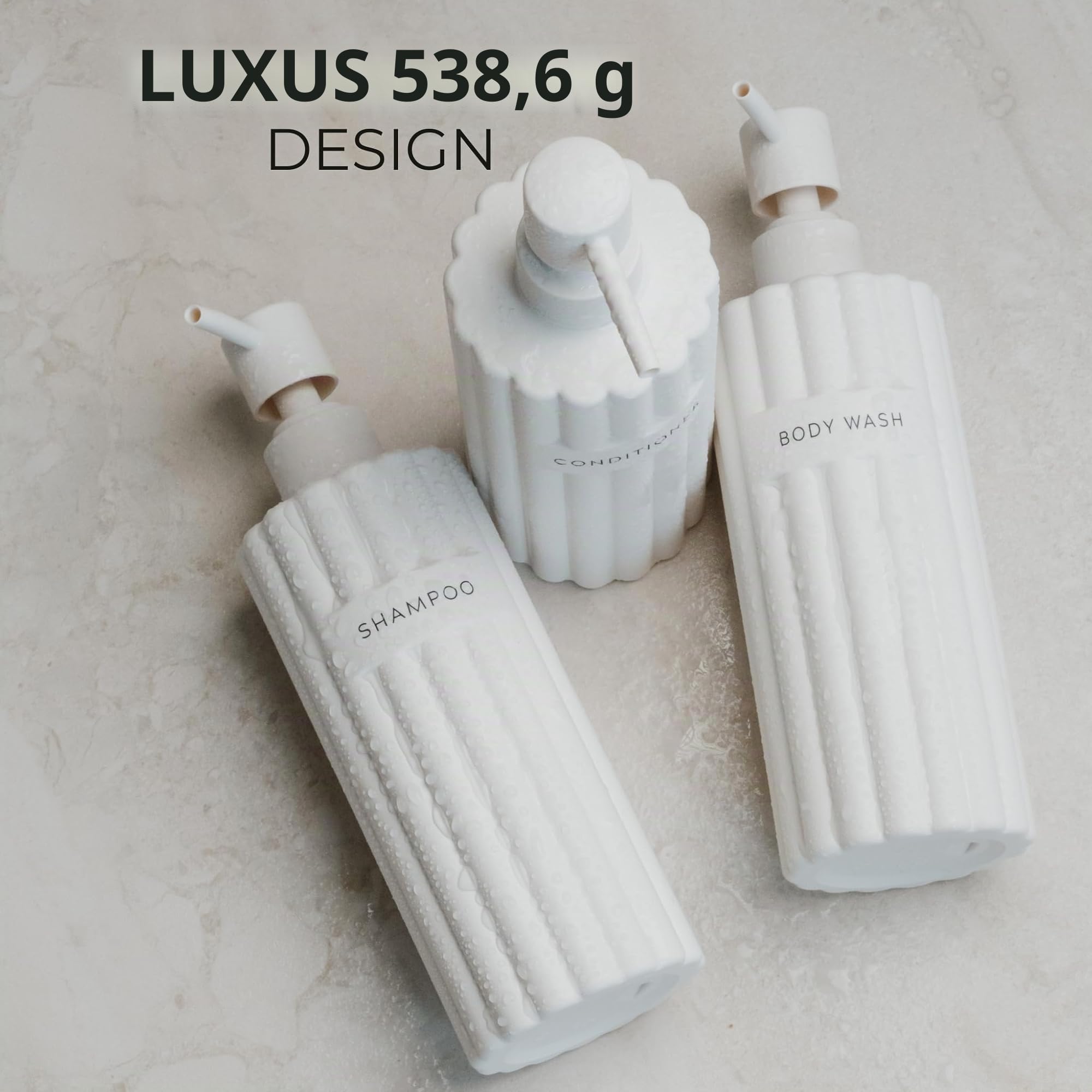 Stilvoller Shampoo- und Spülungsspender-Set mit 3 Stück – Moderne Duschseifenflaschen mit Pumpe und Etiketten – einfach zu befüllender Duschwaschspender für EIN sofortiges Badezimmer-Dekor-Upgrade