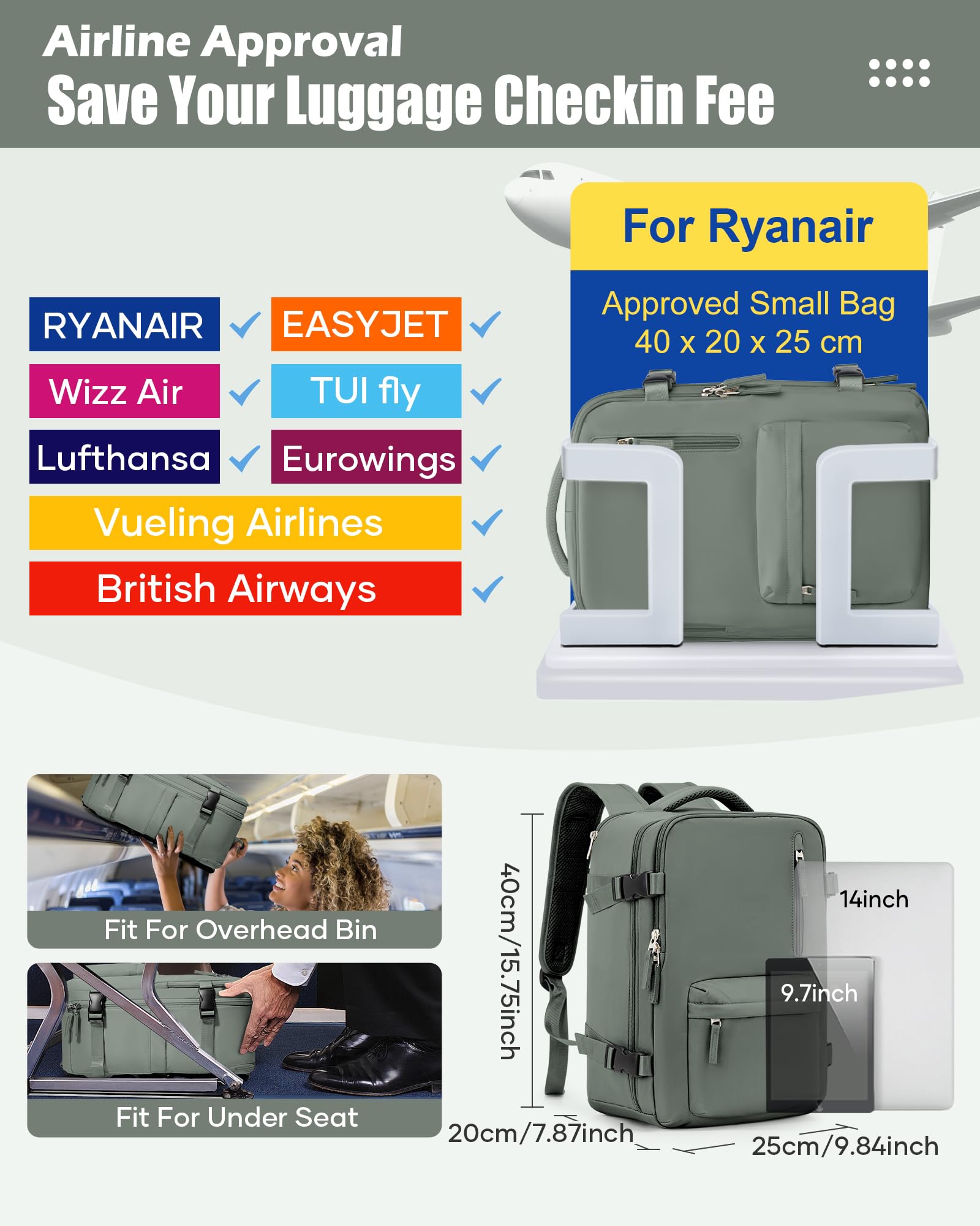 SZLX Zaino Ryanair 40x30x20 Sottovuoto con pompa Zaino Ryanair 40x20x25 Sottovuoto Bagaglio a Mano 40x30x20 Wizzair Zaino da Viaggio 45x36x20 Easyjet Donna Zaino Casual Laptop 14 Pollici Impermeabile
