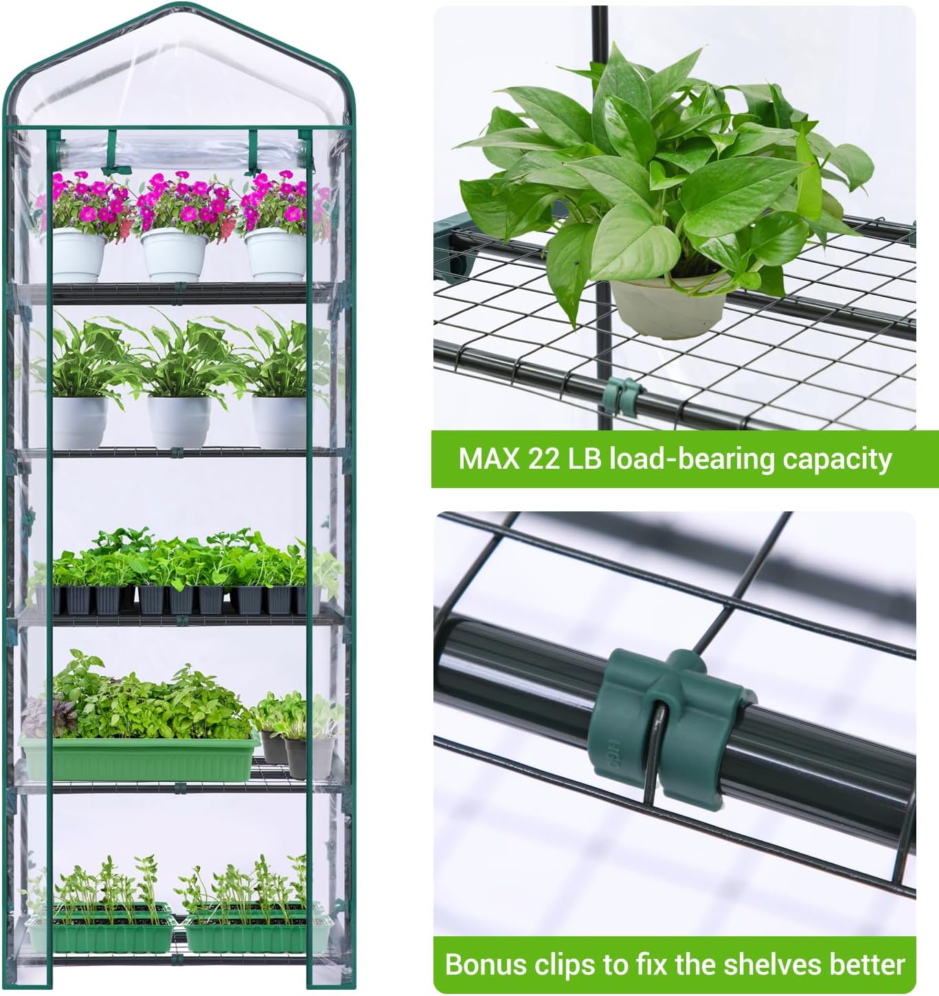 Close-up of a greenhouse shelf showing a potted plant and a green clip securing the wire shelf to the frame.