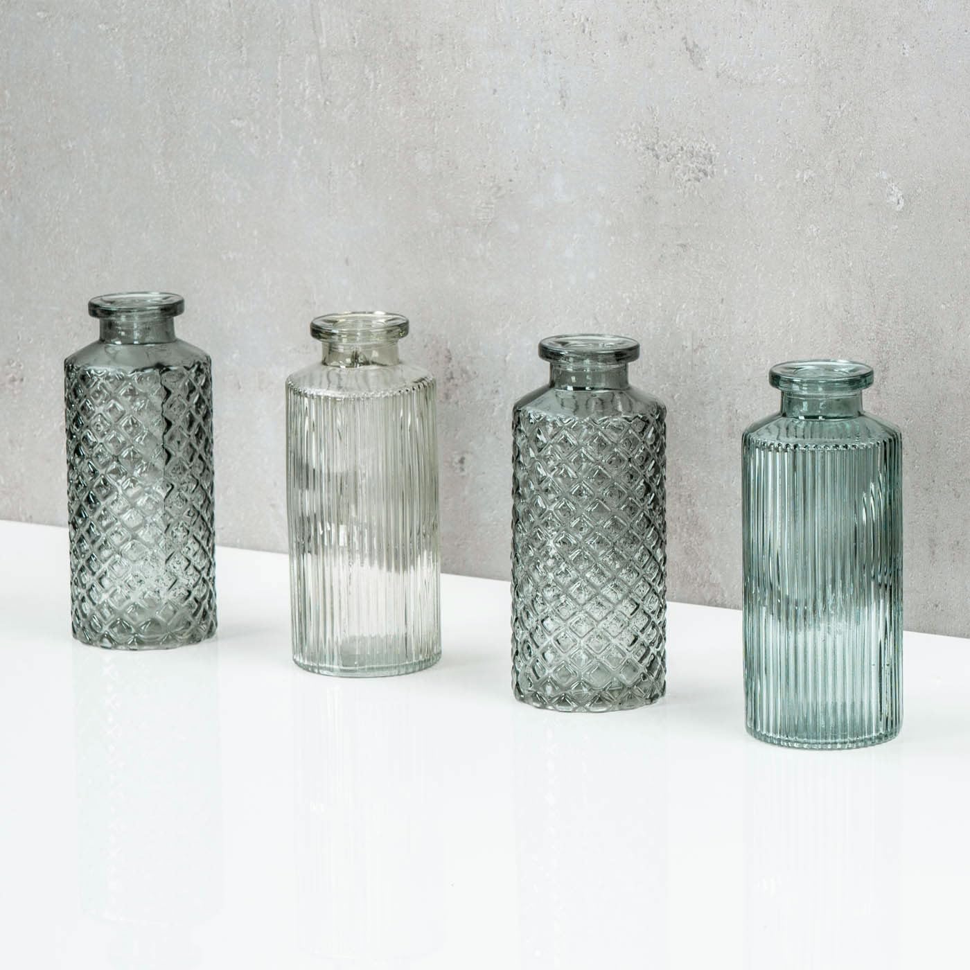 Set van 4 vaas bruin grijs H 14 cm glas zonnegeel bloemenvaas tafeldecoratie lente bloemendecoratie glazen vaas decoratieve vaas