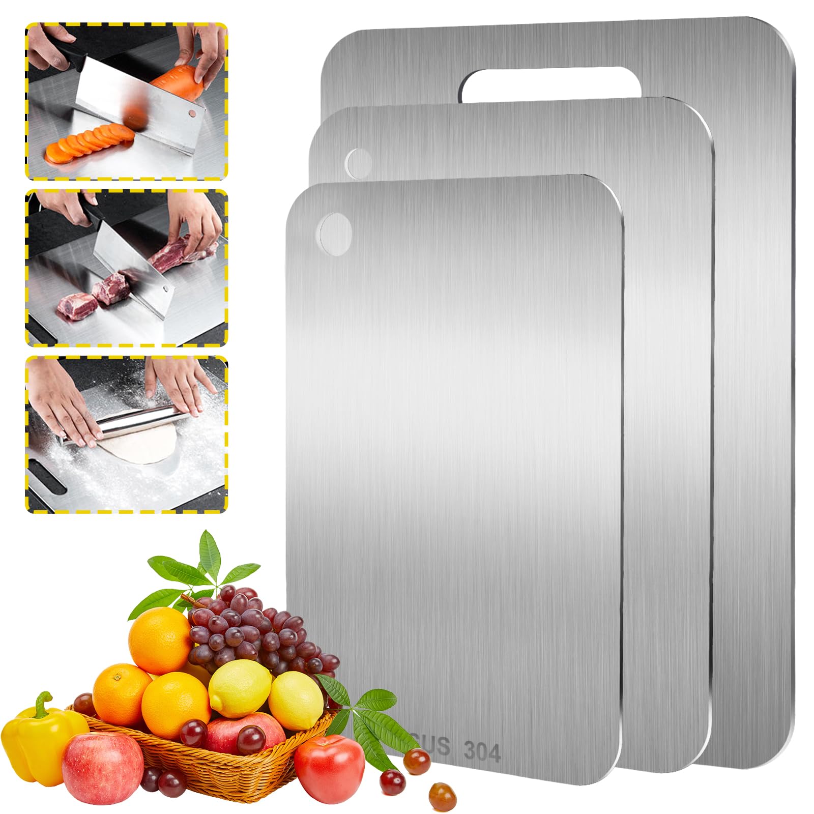 Titanium snijplank, 3 stuks, snijplankenset, roestvrij stalen snijplank, eersteklas titanium cutting board, voor vlees, brood, groenten en fruit, 29 x 20 cm, 34 x 23 cm en 39 x 28 cm