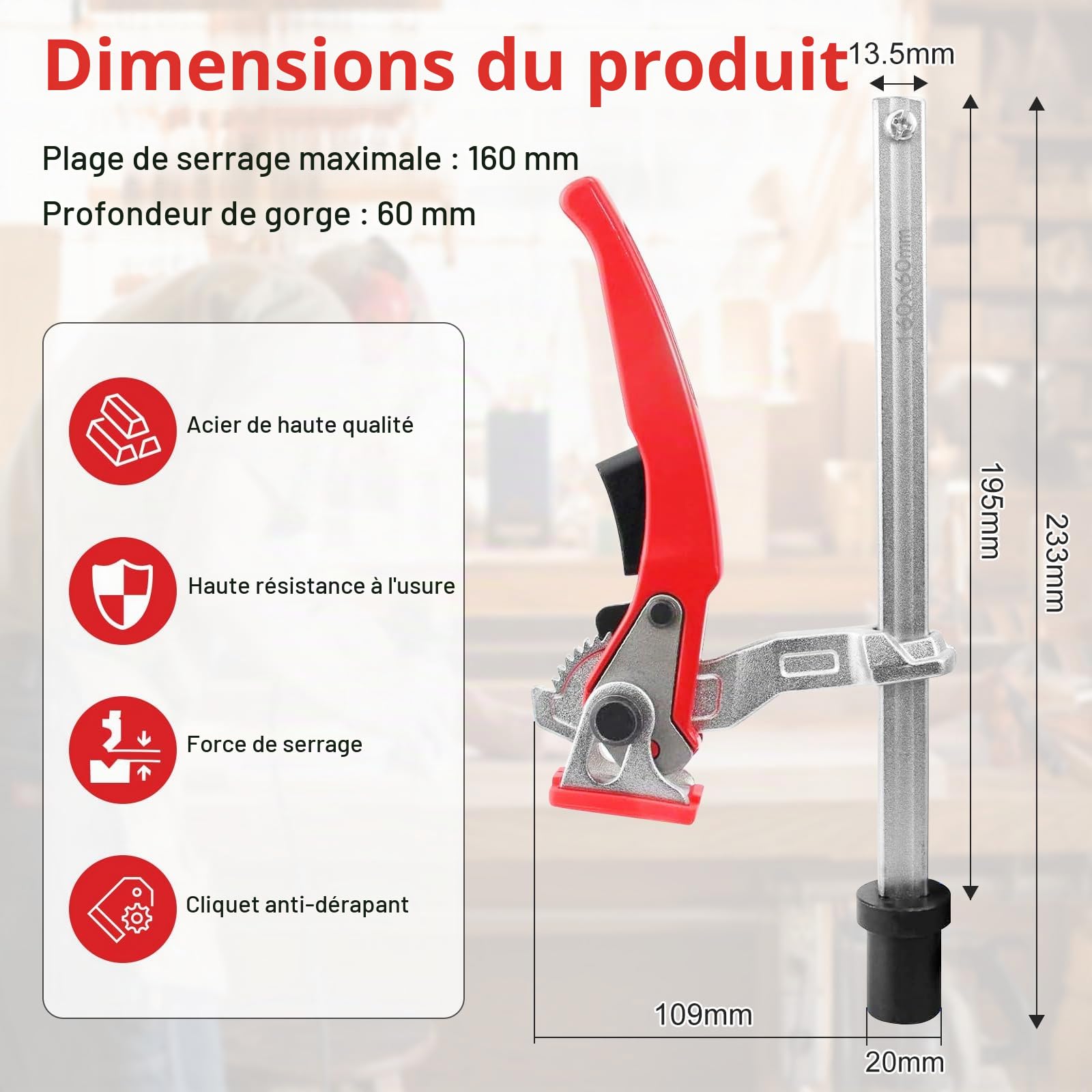 2 Pièces Élément de Serrage à Levier ø20 pour Tables Multifonctions, Serrage Rapide, Plage de Serrage 160x60mm