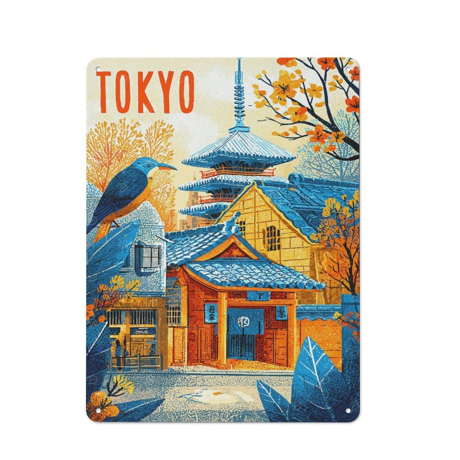 Tokyo Cityscape with Pagoda And Bird Metal Wall Sign 40x30cm, Rustic Classic Pub Decor for Cafe, Pub, Workshop Or Home Bar