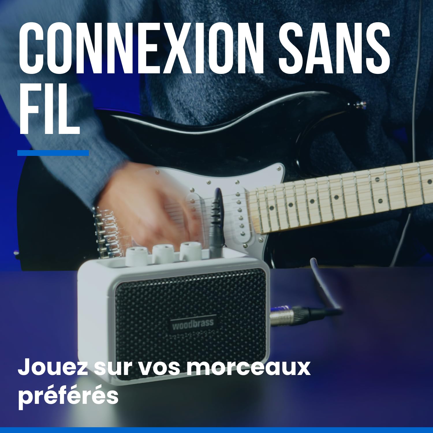 Woodbrass GE5 - Enceinte connectée/Ampli Guitare Électrique 5W Compact et Rechargeable - Clean/Overdrive, Sortie Casque, Enceinte Connectée sans Fil, Format Nomade, 7h d’Autonomie - Blanc/Noir