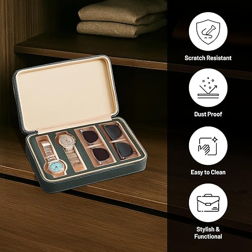 Vista 3 de Bey-Berk Estuche de cuero genuino personalizado para dos relojes y gafas de sollentes de viaje con compartimentos ajustados