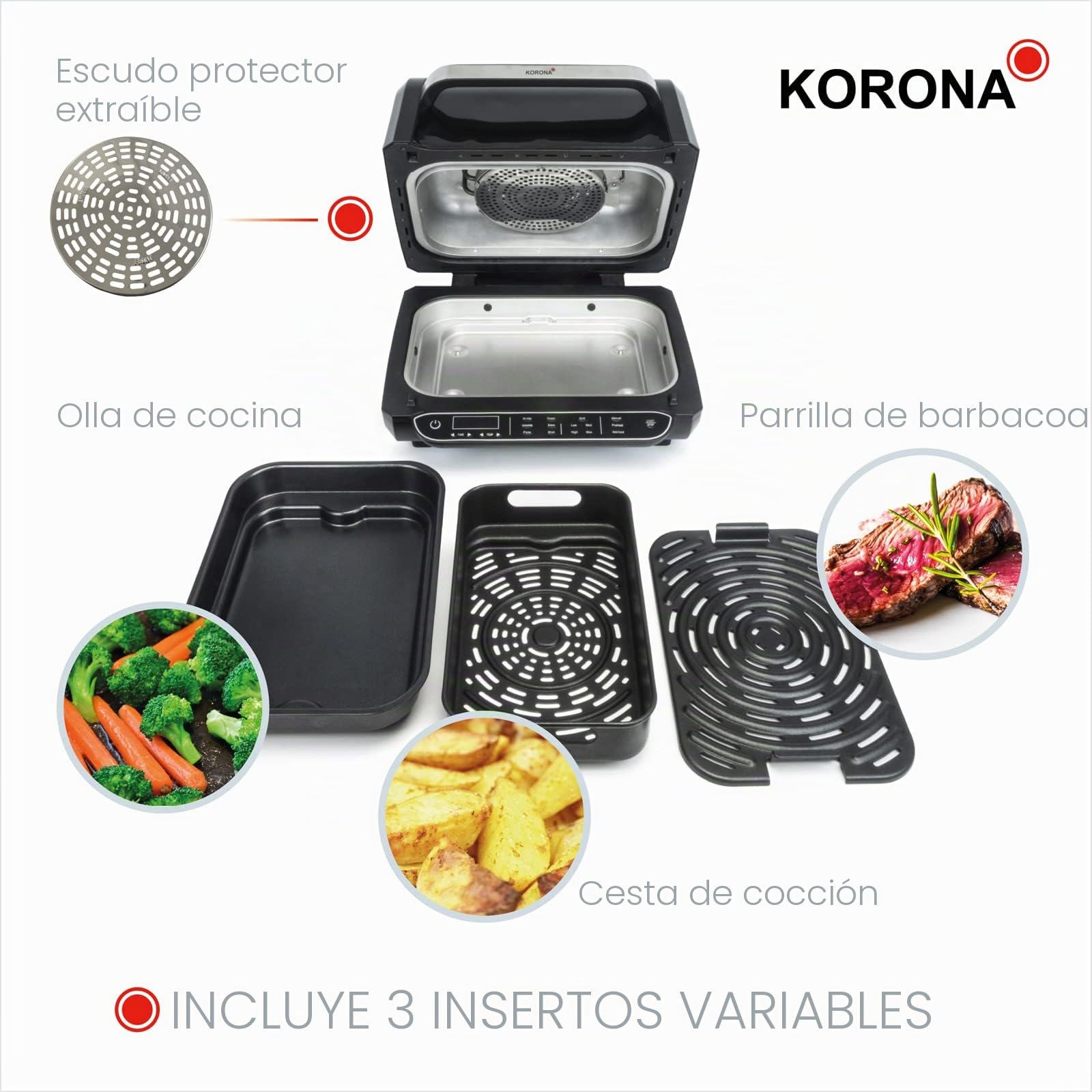 Korona 46160 Barbacoa y freidora de aire caliente | 6 litros | 8 funciones – Freidora de aire caliente, horno, horno de pizza, deshidratador, función asado, barbacoa, 4 niveles de cocción, rejilla