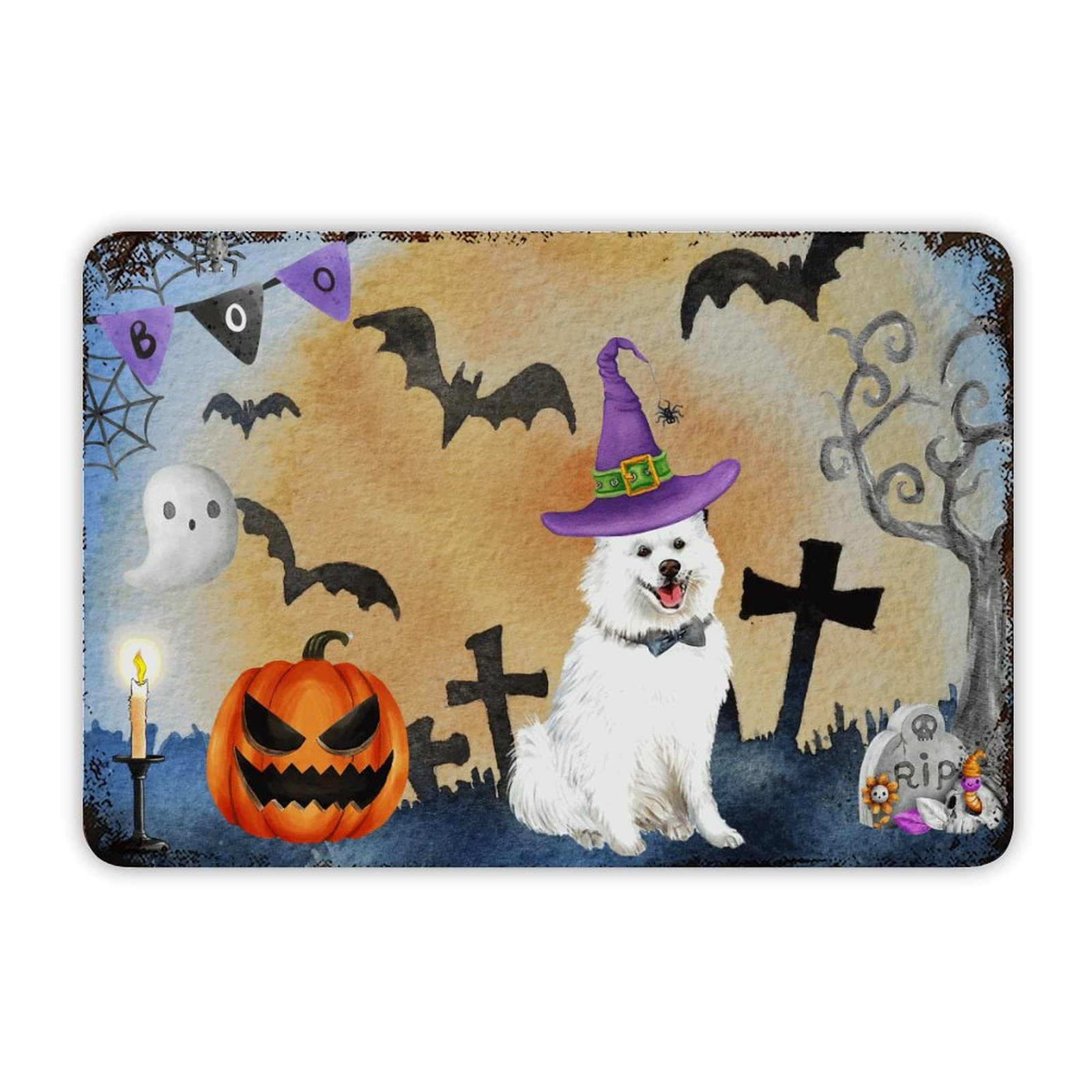 ENEDNATE Happy Halloween Dog Witch Hat Pumpkin Bats Vintage Man Cave Metal Sign 8x12 Inch Decorative Aluminum Tin Sign for Indoor Outdoor Kitchen Bar Restaurant Cafe Pub Wall Art Decor Hanging Poster