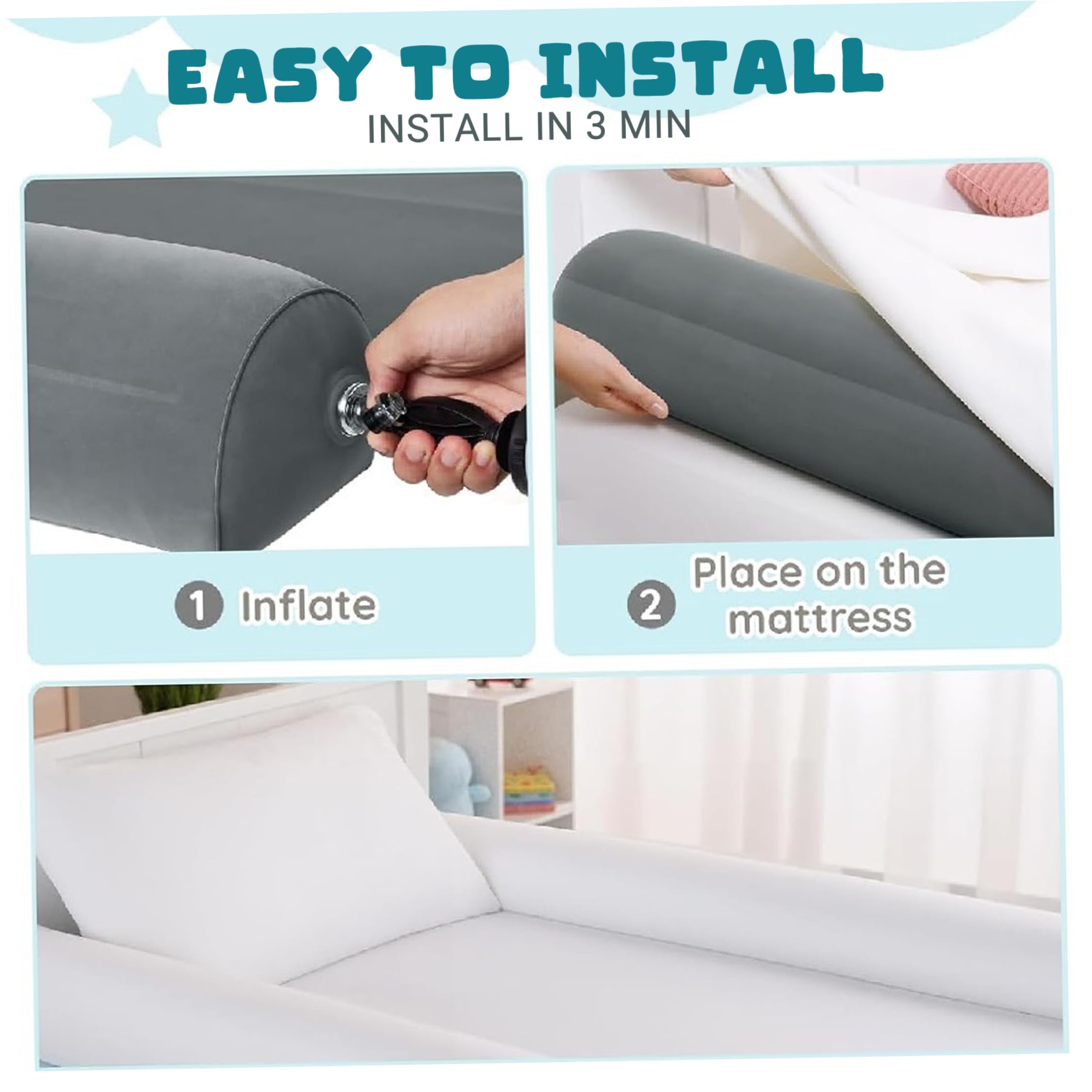 Sponde per letto gonfiabili da 2 pezzi Paraurti per lettino portatili ideali per i viaggi Paraurti per culla facile da installare ideale per le vacanze Grigio