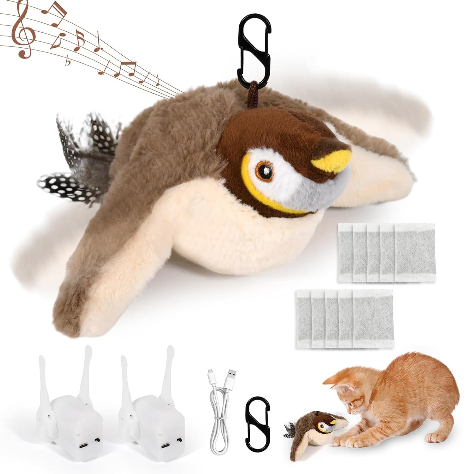 Esoes Cat Toys Flapping Wings Sparrow Interactive Catnip Toys for Cats Chirping Bird Toy Perfect Bird Toy for Cats kittens to Bite Chew and Kick Includes 10 Sachets of Catnip and 1 Replacement Core