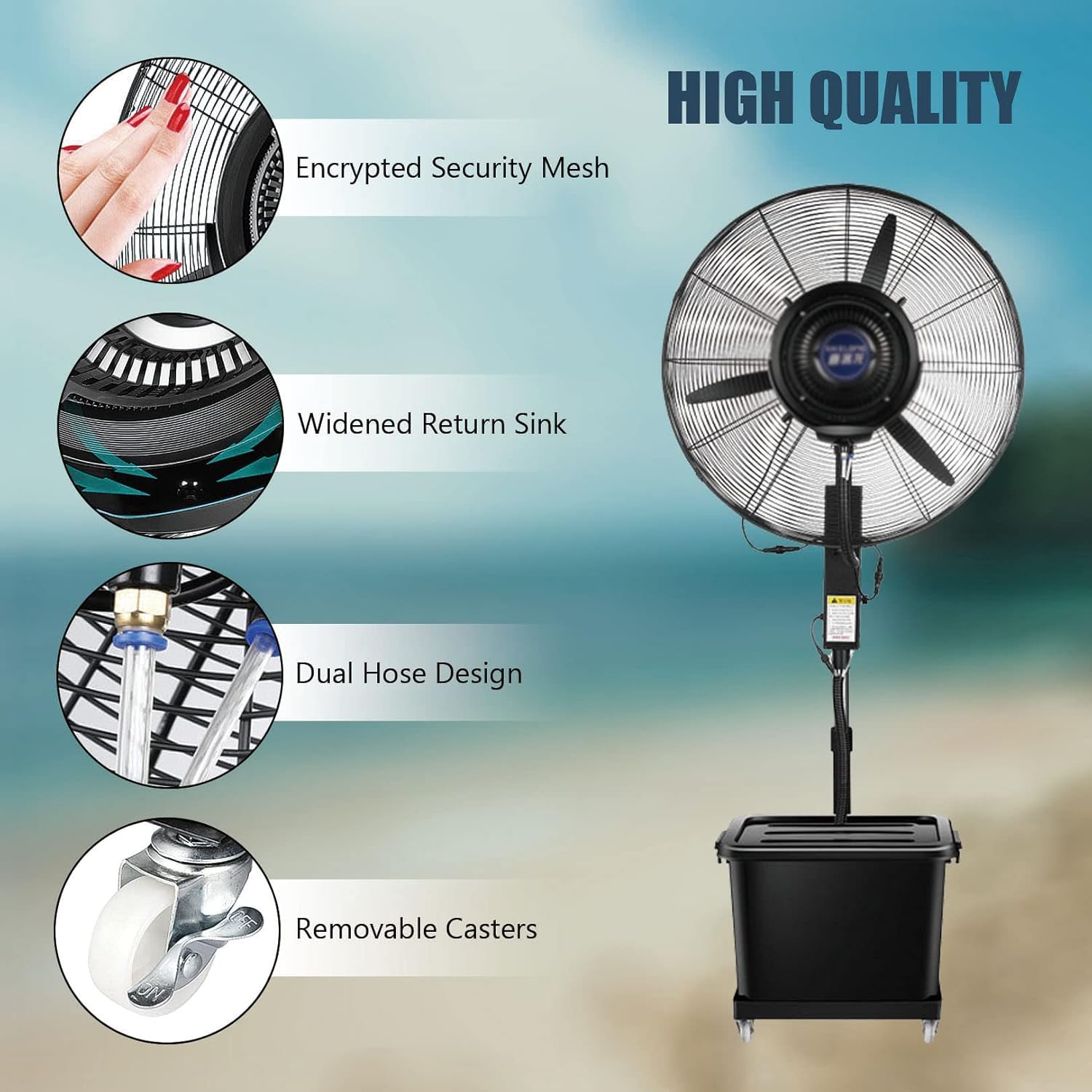 Ventilatore Nebulizzatore da Esterno a Colonna, Regolabile in Altezza con Opzioni Pala 750mm o 650mm, Oscillazione 90°, Serbatoio Acqua Capiente 42L, per Terrazzo, Giardino, Piscina, Barbecue