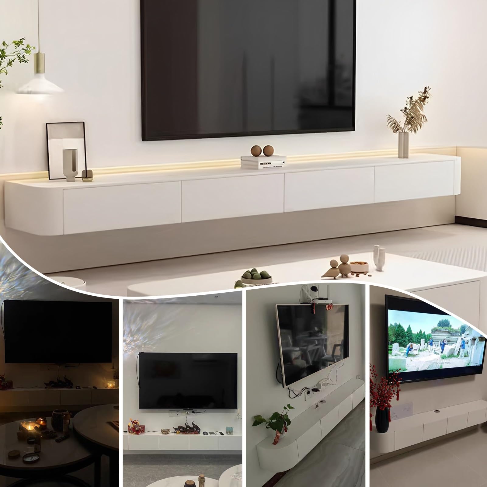 Weiß TV-Schrank,Fernsehtisch Hängend mit 2 Schublade,1 Türen,140 cm lang,TV Lowboard für Fernseher bis zu 60 Zoll,TV Tisch,Hängeboard Schwebend,TV Board hängend,für Wohnzimmer,Schlafzimmer