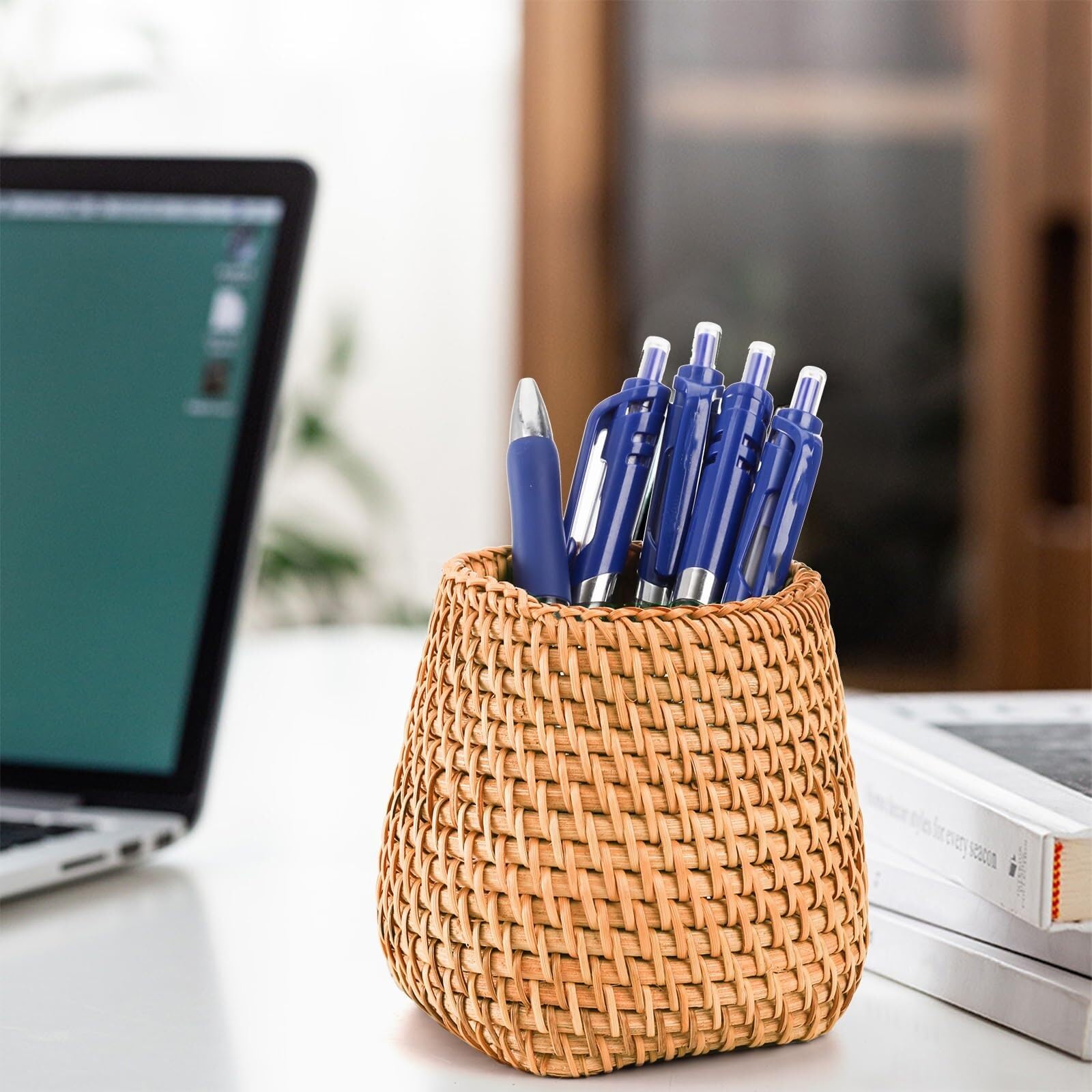 Stifteköcher Stifte Halter Rattan-Stifthalter, Weiden-Stiftbecher-Behälter, Gewebter Schreibtisch-Organizer For Zuhause Schreibtisch-Organizer(Square)