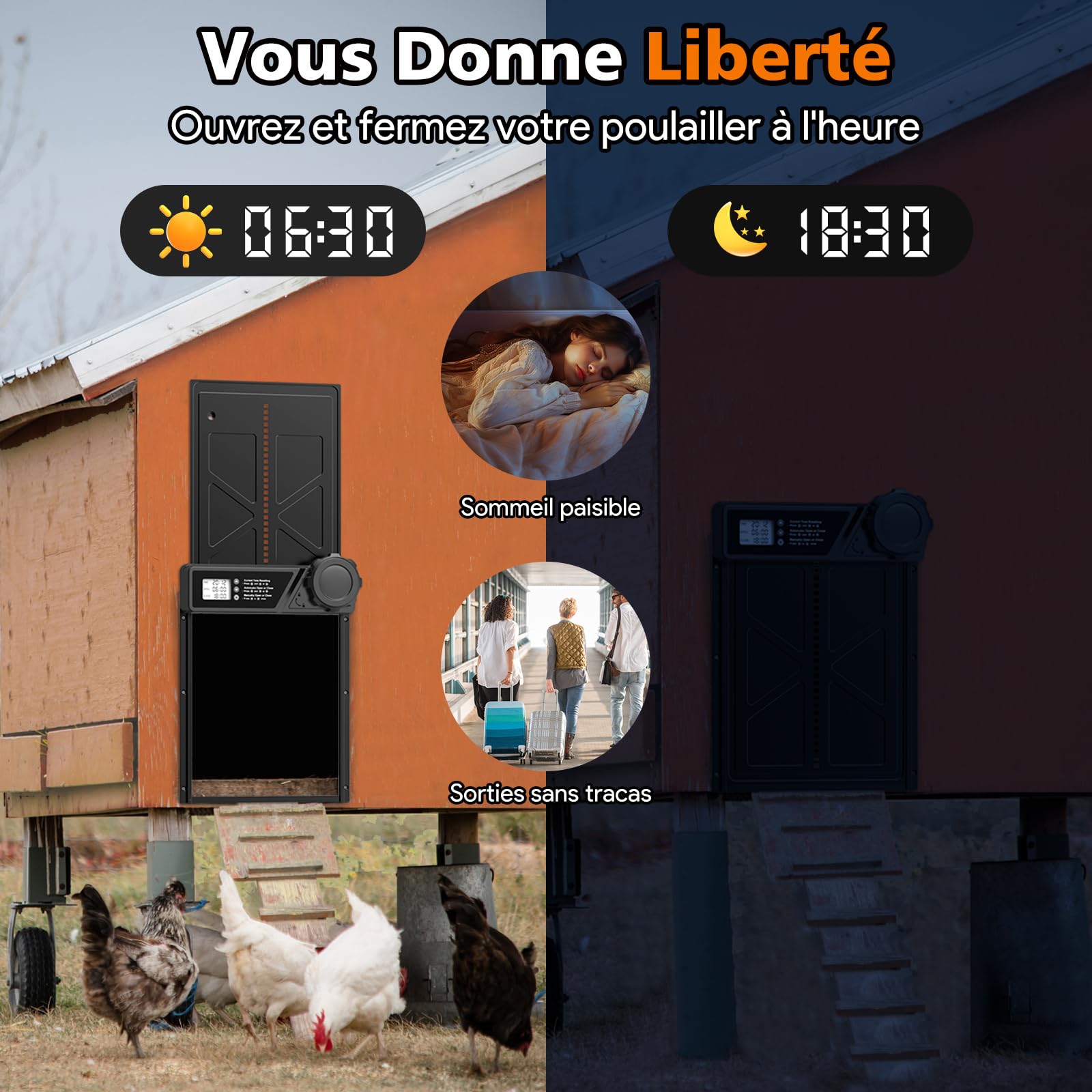 Grande Porte Poulailler Automatique Batterie avec Écran LCD Étanche, Porte Automatique Poulailler en Aluminium avec Minuterie, Fonction Anti-pincement, Résistant Aux Intempéries, Noir