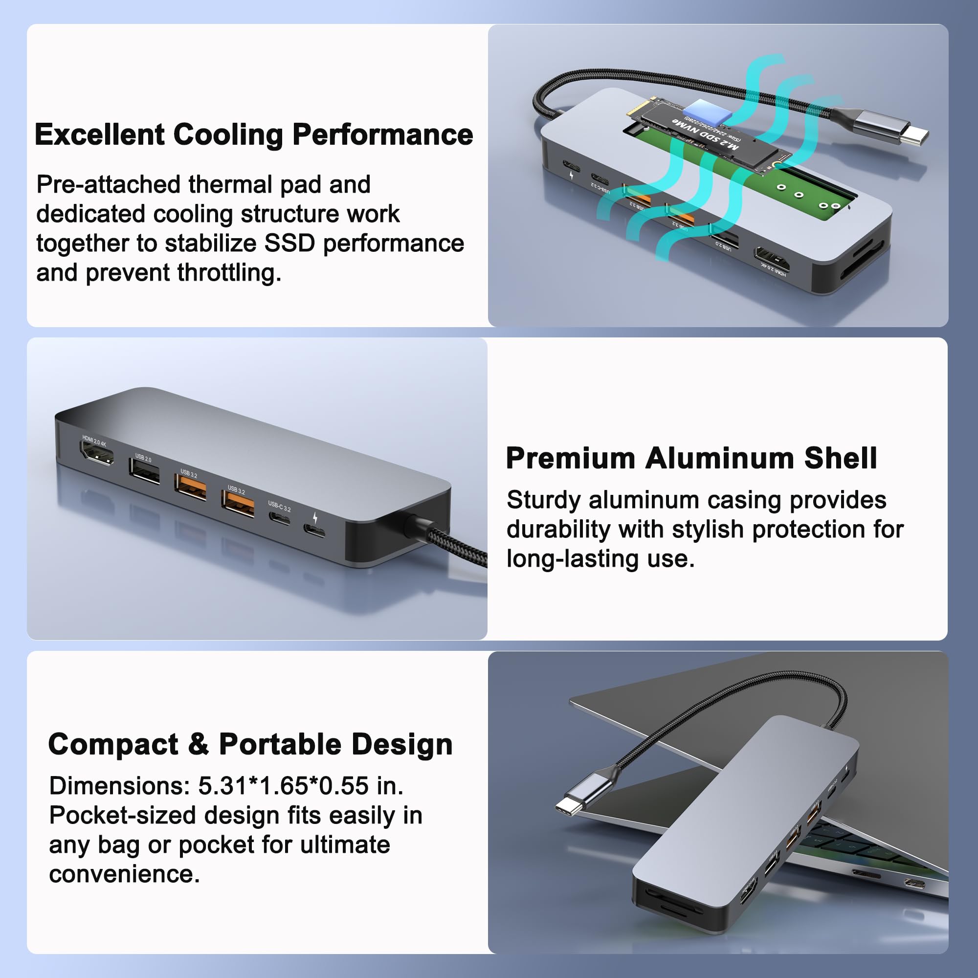 Stacja dokująca USB C z obudową M.2 NVMe SSD 10 Gb/s, koncentrator USB-C 9 w 1, gniazdo SSD typu C z HDMI 4K przy 60 Hz, USB 3.2 Gen2, PD100W, czytnik kart SD/TF, stacja dokująca do laptopa Dell / HP