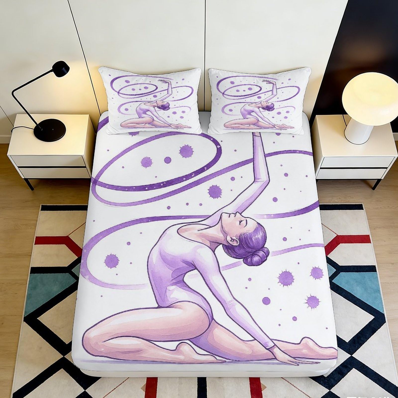 3D Printed Ballet Dancer Fitted Sheet Microfiber Soft Purple Artistic Gymnastics Bed Cover for Bedroom Dorm Decor 90x200x25cm