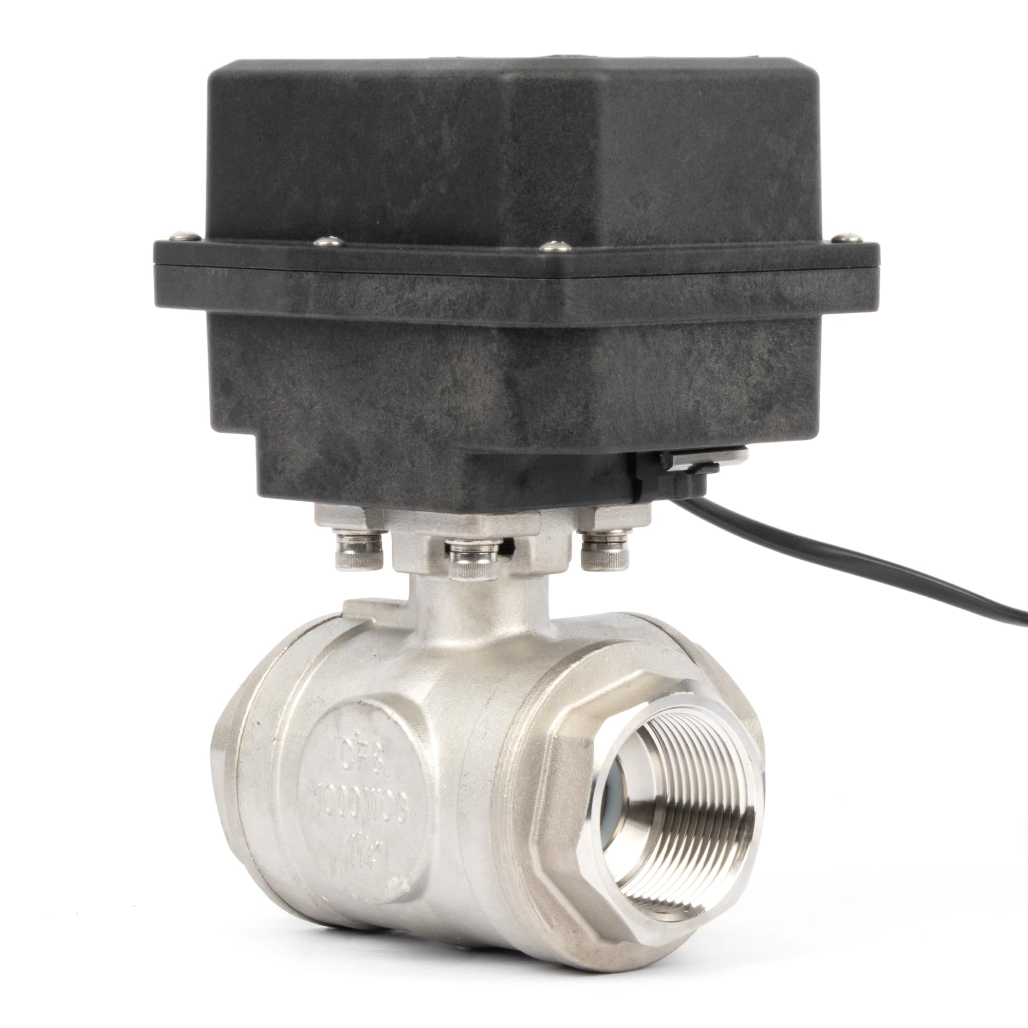 U.S. Solid Válvula de bola de motor de acero inoxidable de 3 vías, válvula de bola con función manual, enchufe de la UE, grifo de paso de agua versátil y resistente tipo L, puerto estándar (1-1/4