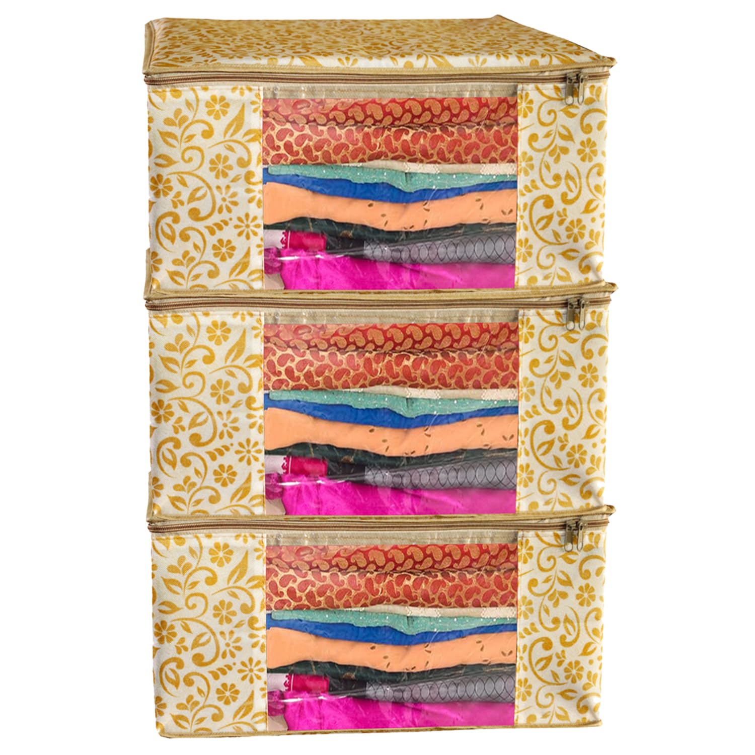 AMAK INC Saree Cover, Zipper Closure Saree Storage Bag, Saree Organizer for Wardrobe with Transparent Window, Clothes Storage Bags for Lehenga, Floral-Polka Design, Beige, Pack of 3