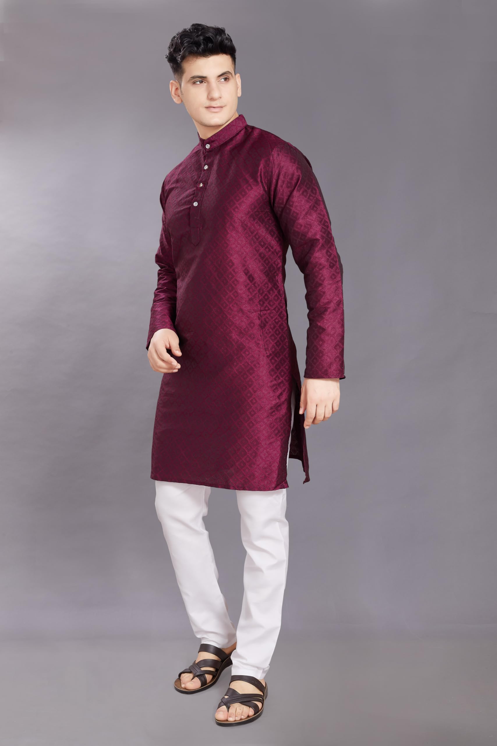Divisive Men's Self Woven Jequard Art Silk Slim Fit Only Kurta (Dkrt410_M_Wine)