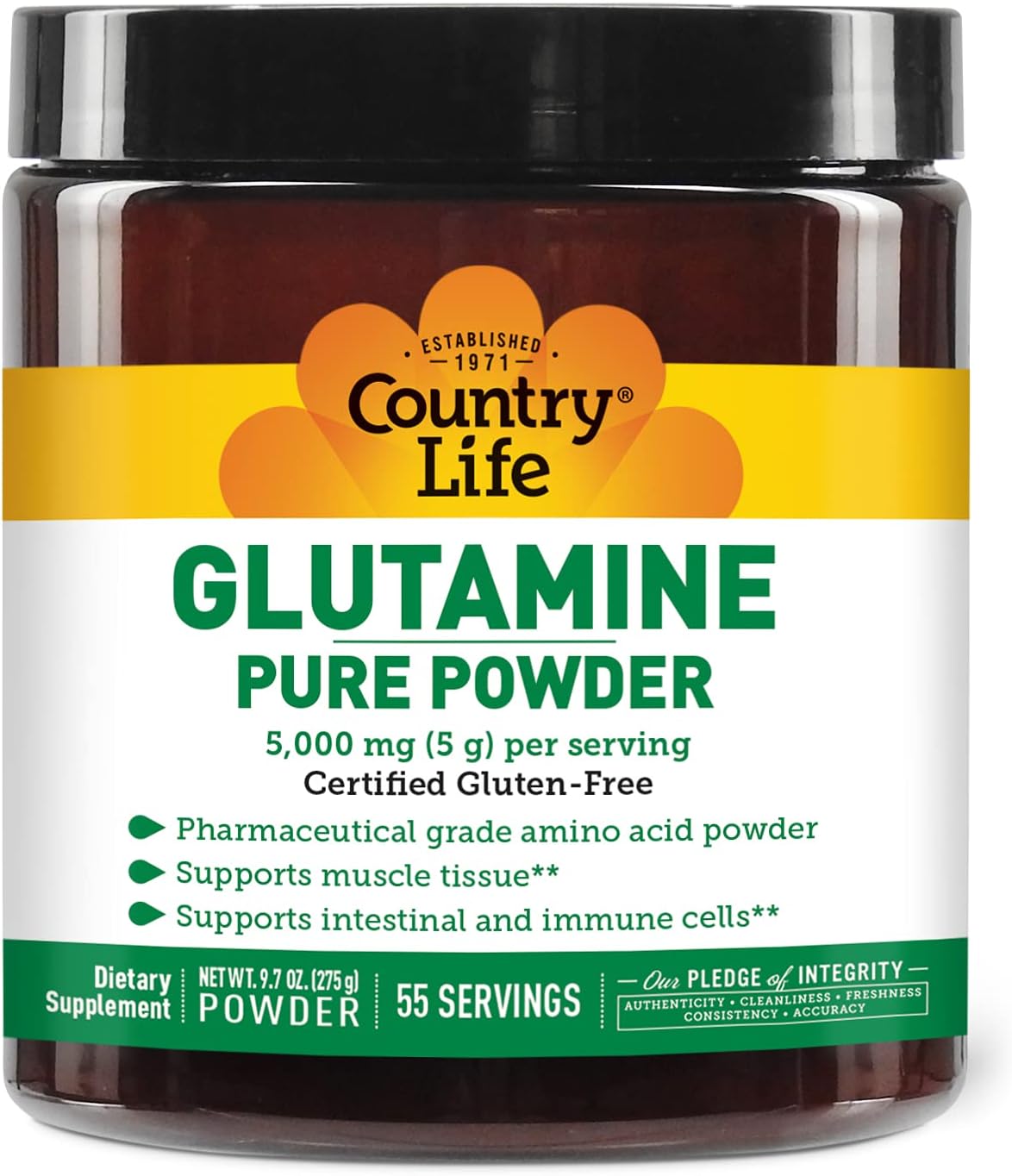 Country Life Glutamine Pure Powder - 5000mg L-Glutamine - Muscle Tissue, Gut Health, Immune Support - Gluten-Free Certified - Ideal Pre/Post Workout Amino Acid Supplement, 55 Servings, 9.7oz