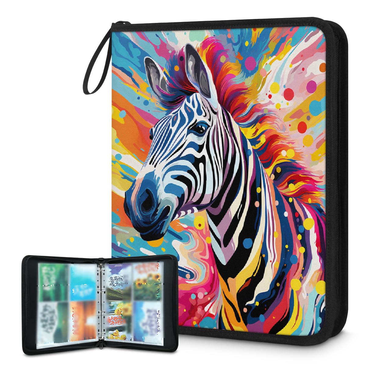 Raccoglitore per carte collezionabili con 4 tasche colorate zebrate, raccoglitore per carte artistiche, pittura con animali, con maniche rimovibili, impermeabile, con cerniera, 50 pagine, capacità 400