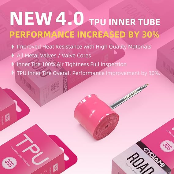 4-Pack CYCLAMI TPU Inner Tube 700C, Ultralight 30g Road Bike Tube Compatible with 700x18/23/25/28/30/32C Metal Presta Valve 45mm -TPU Road Bicycle Tire 28'' (with a Multi-Functional Tire Pry Bar)